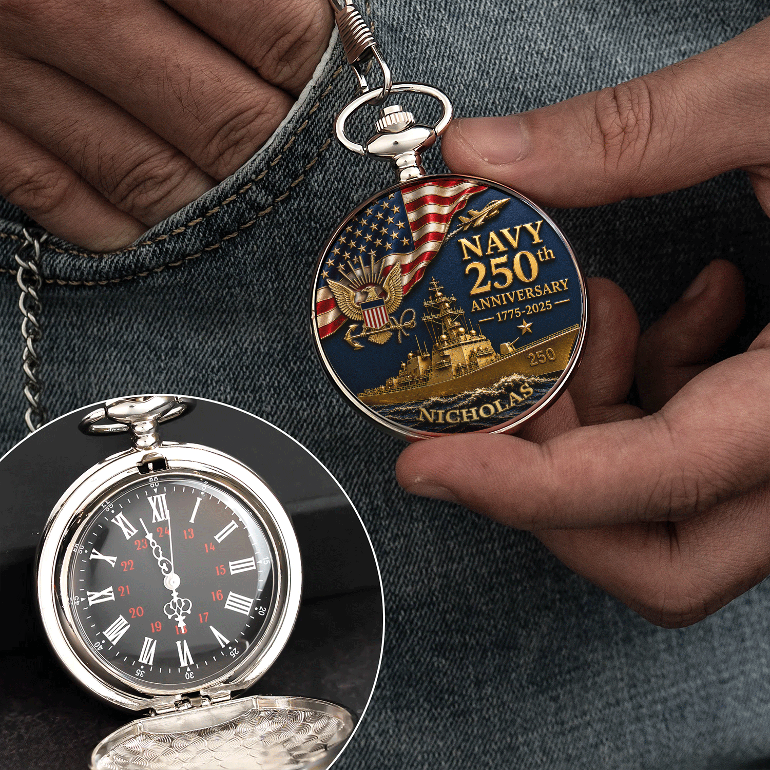 Personalized US Navy Pocket Watch Military Promotion Gift