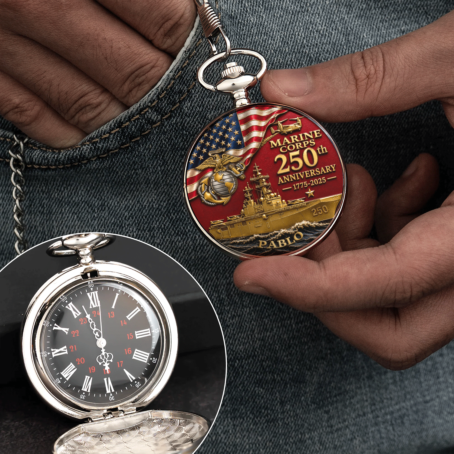 Marine Veteran Pocket Watch 250th Anniversary Keepsake