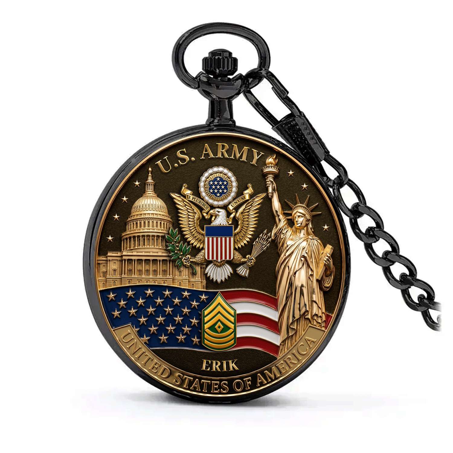 Personalized Army Rank Pocket Watch Patriotic Veteran Gift