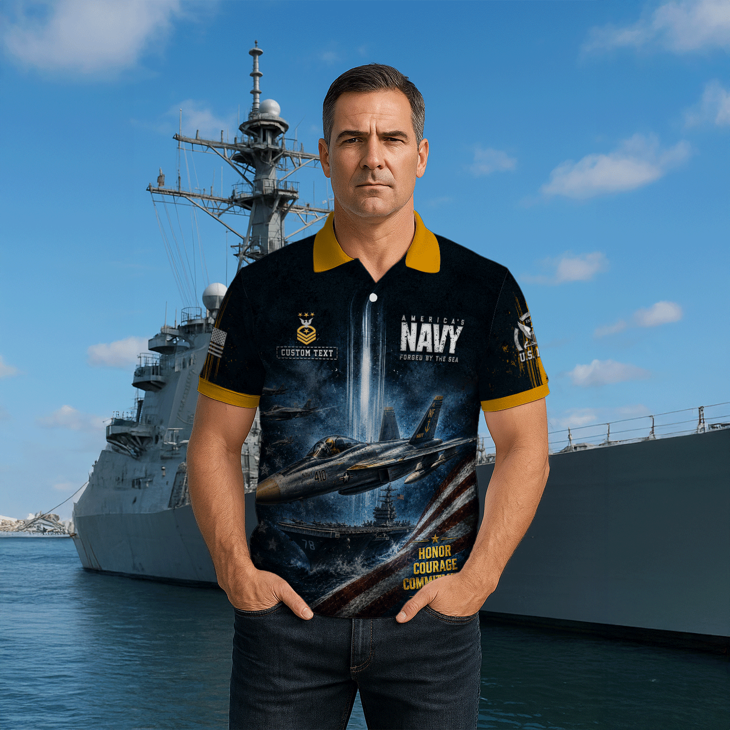 Custom US Navy Name Rank 3D Polo Shirt for Veterans