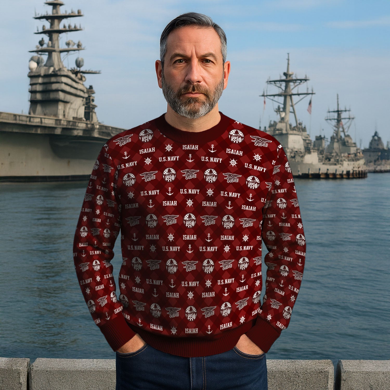Personalized US Navy Christmas Ugly Sweater KAUST11