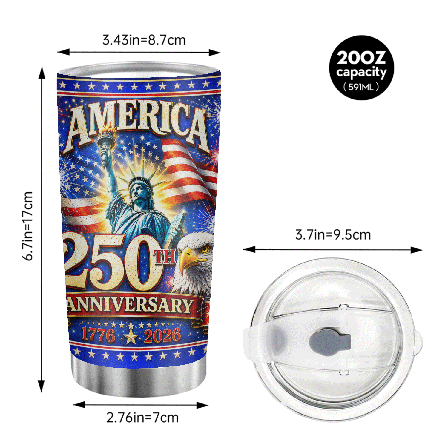 America 250th Anniversary Bald Eagle Statue of Liberty 20oz Tumbler