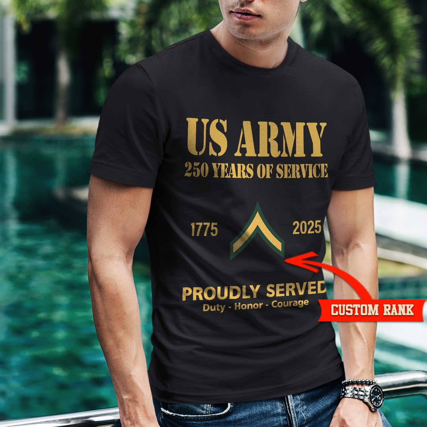 US Army 250 Years Of Service Custom Ranks/Insignia Front T-Shirt