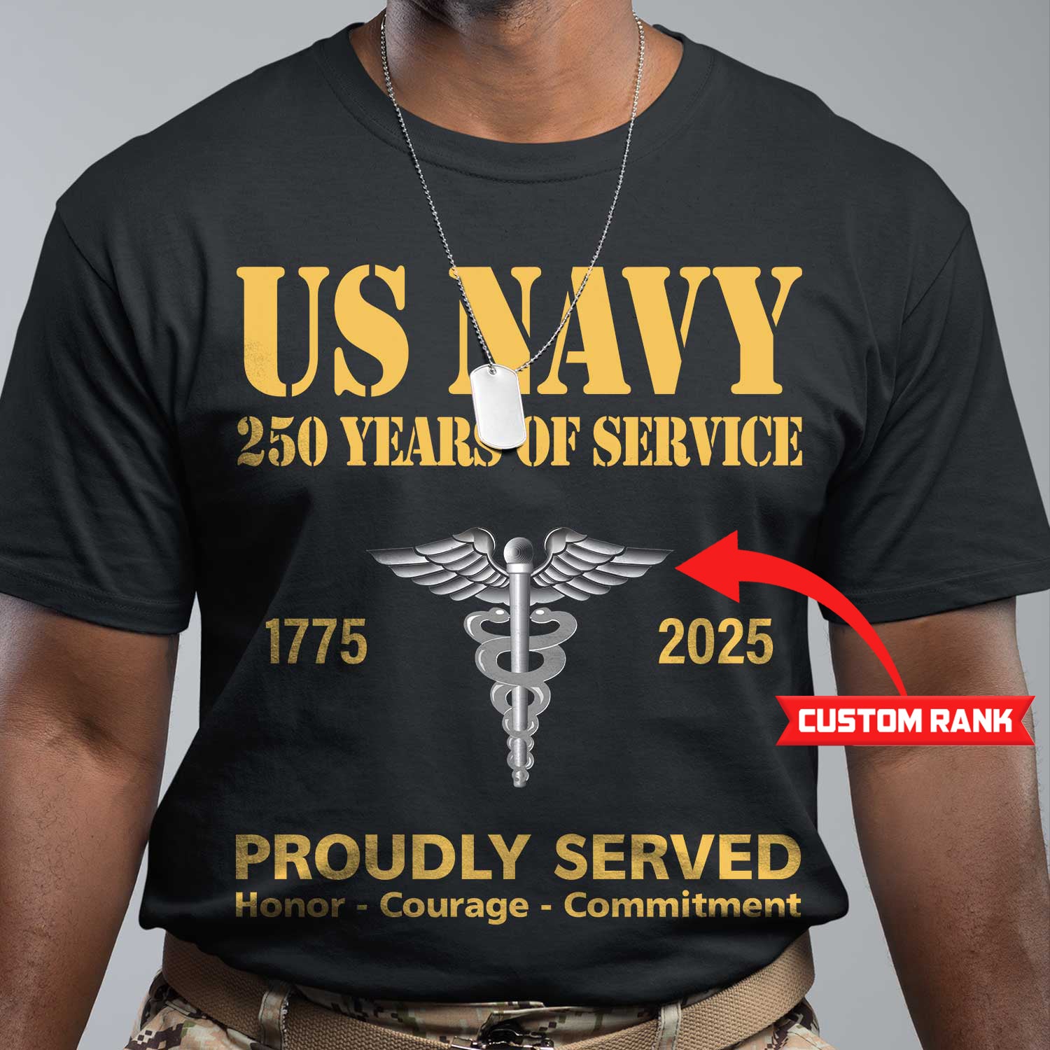 US Navy 250 Years Of Service Custom Ranks/Insignia Front T-Shirt