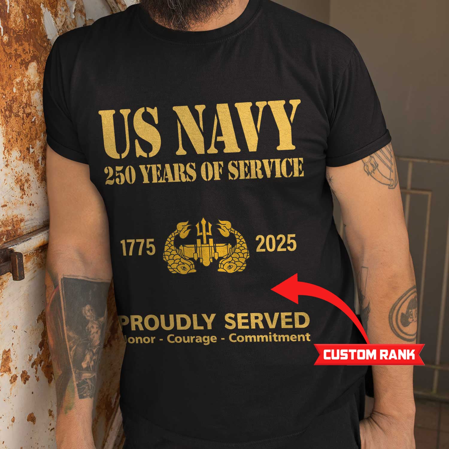 US Navy 250 Years Of Service Custom Ranks/Insignia Front T-Shirt