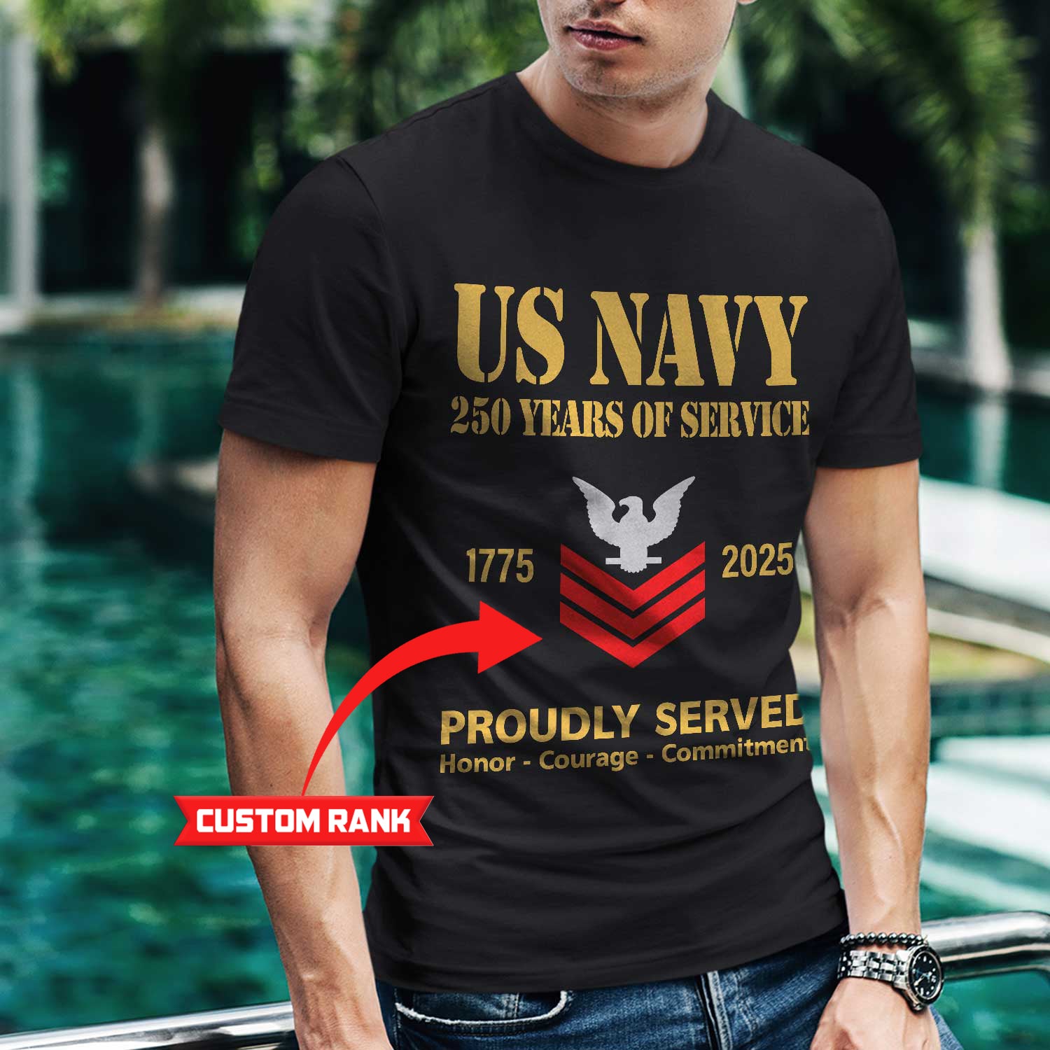 US Navy 250 Years Of Service Custom Ranks/Insignia Front T-Shirt