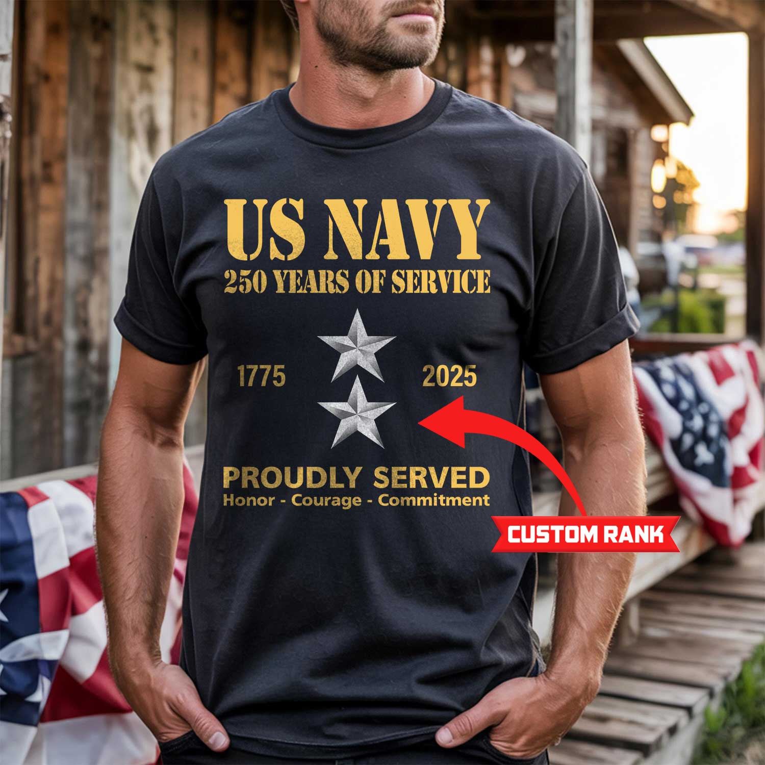 US Navy 250 Years Of Service Custom Ranks/Insignia Front T-Shirt