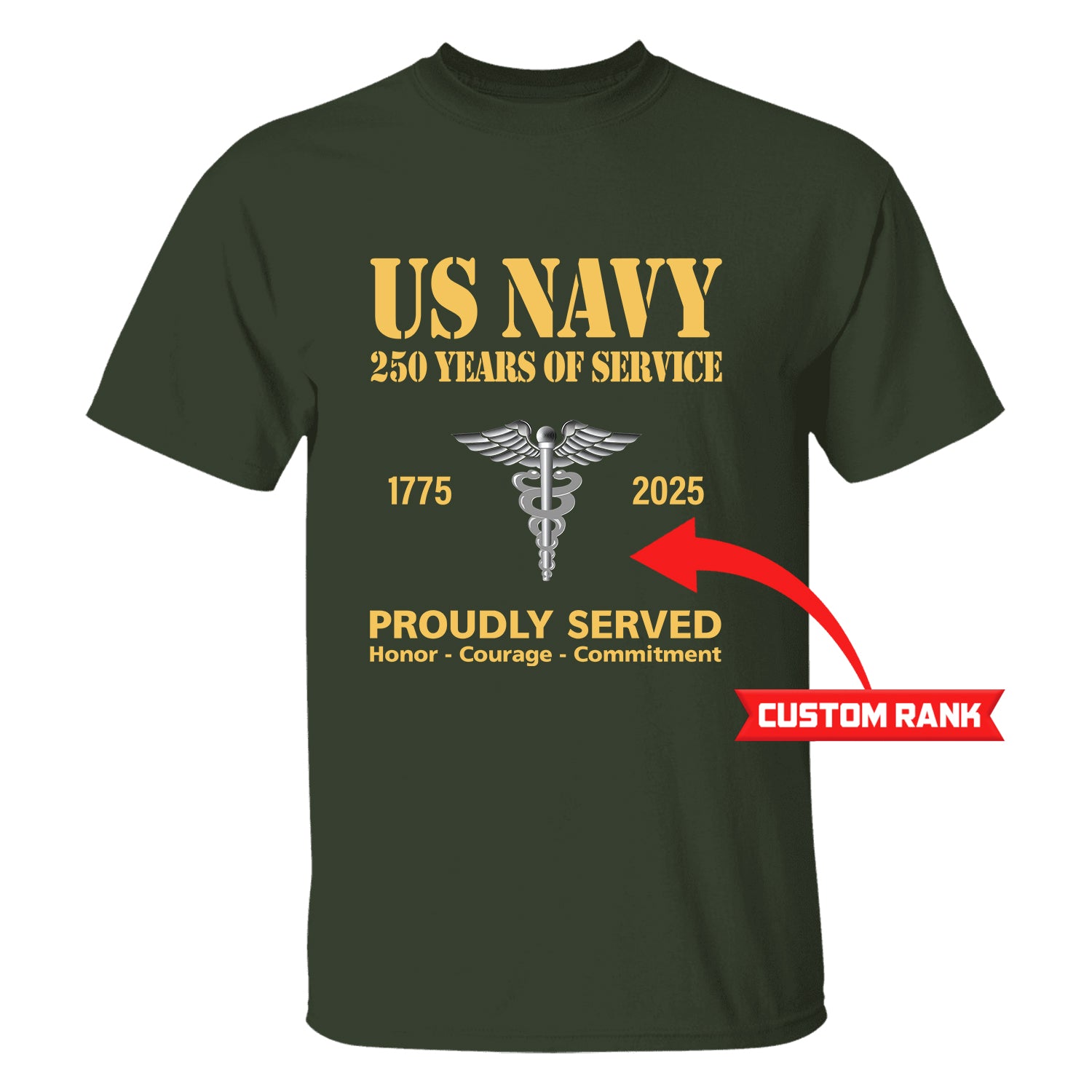 US Navy 250 Years Of Service Custom Ranks/Insignia Front T-Shirt