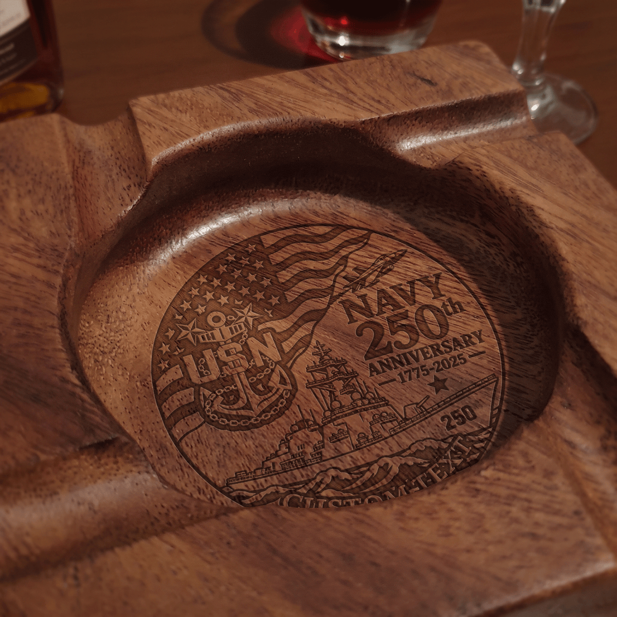Custom Navy Walnut Ashtray Personalized Veteran Rank and Text