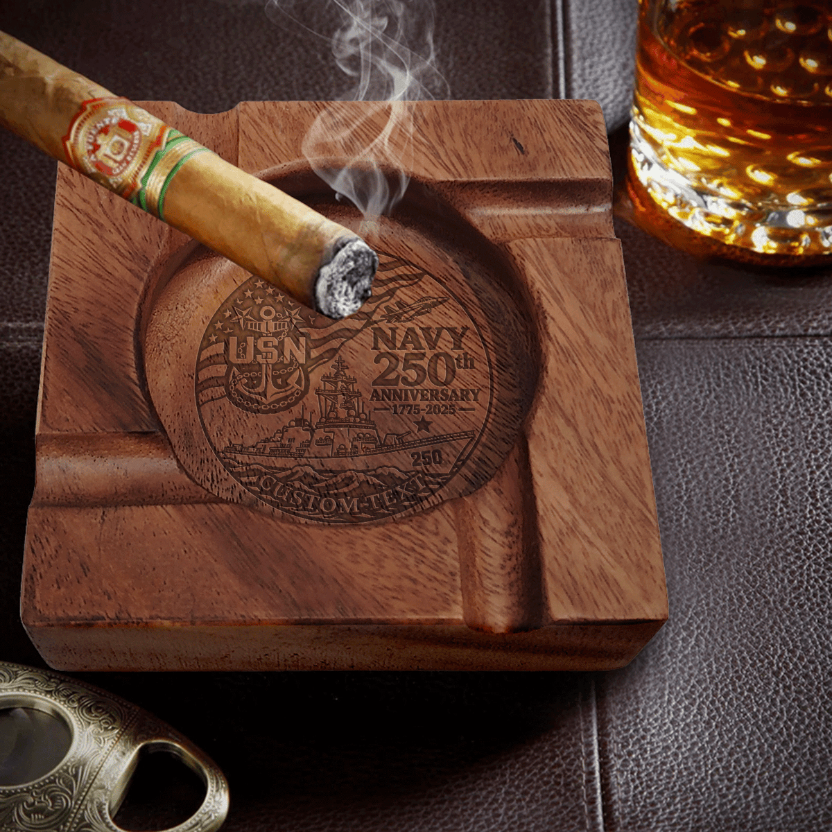 Custom Navy Walnut Ashtray Personalized Veteran Rank and Text