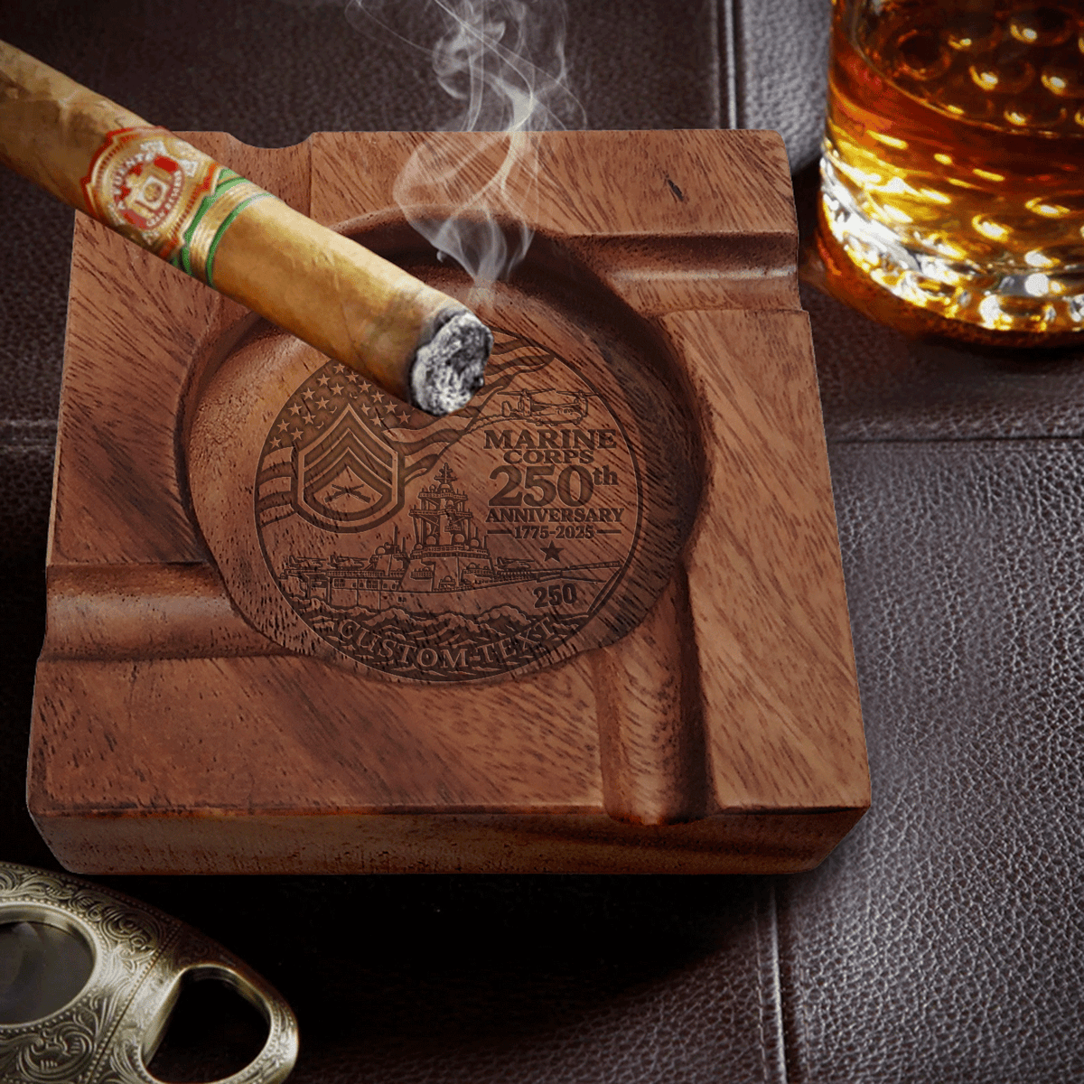 Personalized U.S. Marine Corps Wooden Cigar Ashtray Custom Rank and Text