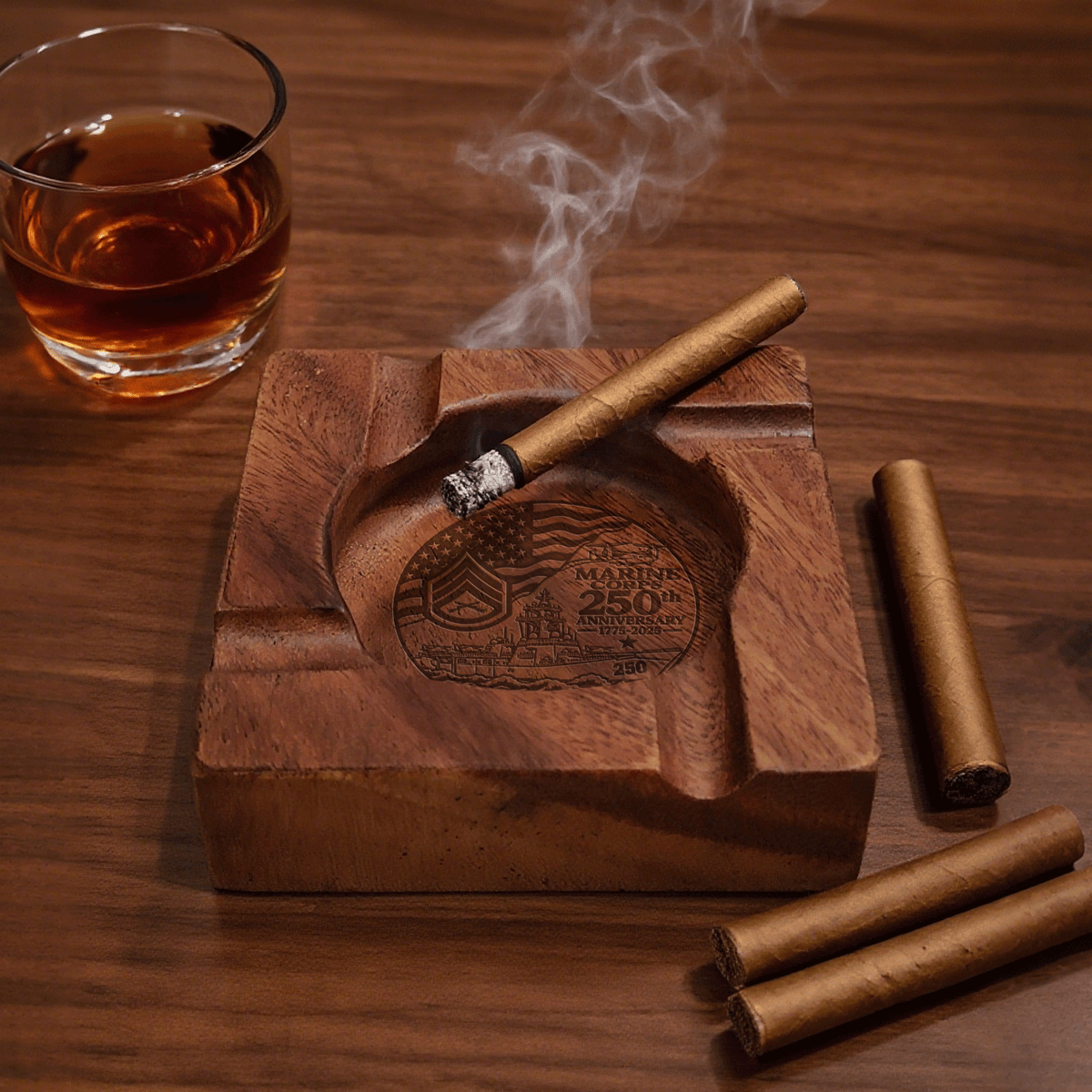 Personalized U.S. Marine Corps Wooden Cigar Ashtray Custom Rank and Text