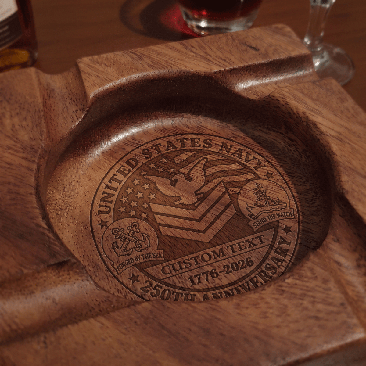 U.S. Navy Wooden Cigar Ashtray Personalized Rank and Custom Text
