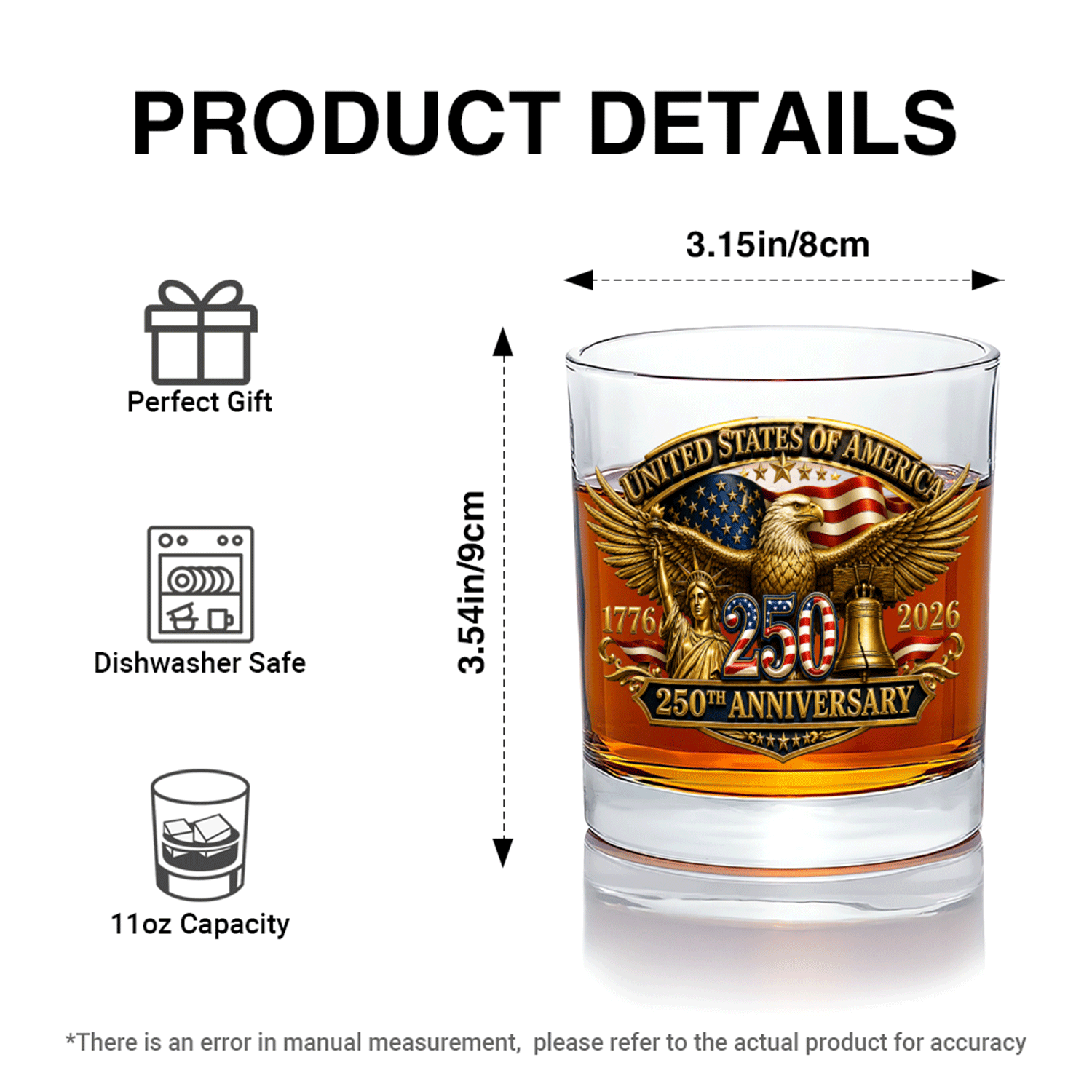 Patriotic Whiskey Glass America 250 Years Celebration Gift