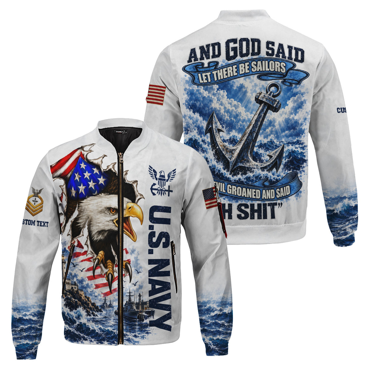 Personalized U.S. Navy Bomber Jacket Custom Rank & Text Veteran Gift