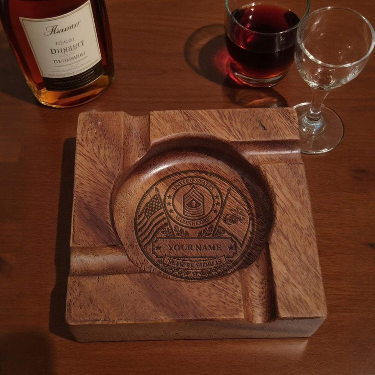U.S. Army Walnut Cigar Ashtray Custom Military Rank and Text