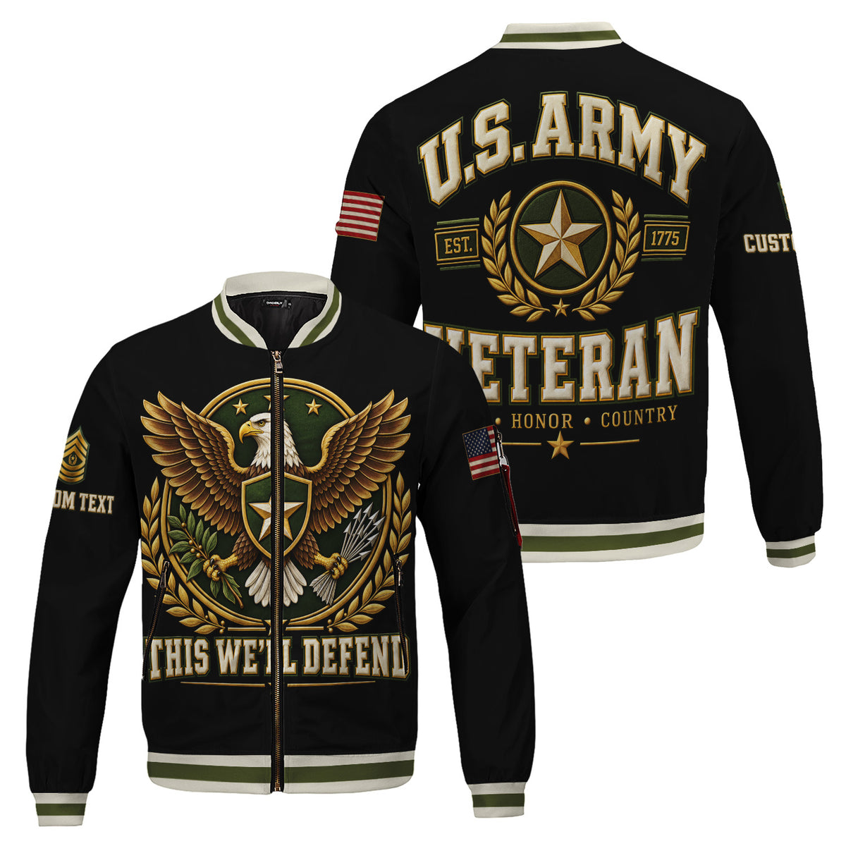 Custom US Army Veteran Bomber Jacket Personalized Name Rank Military Gift