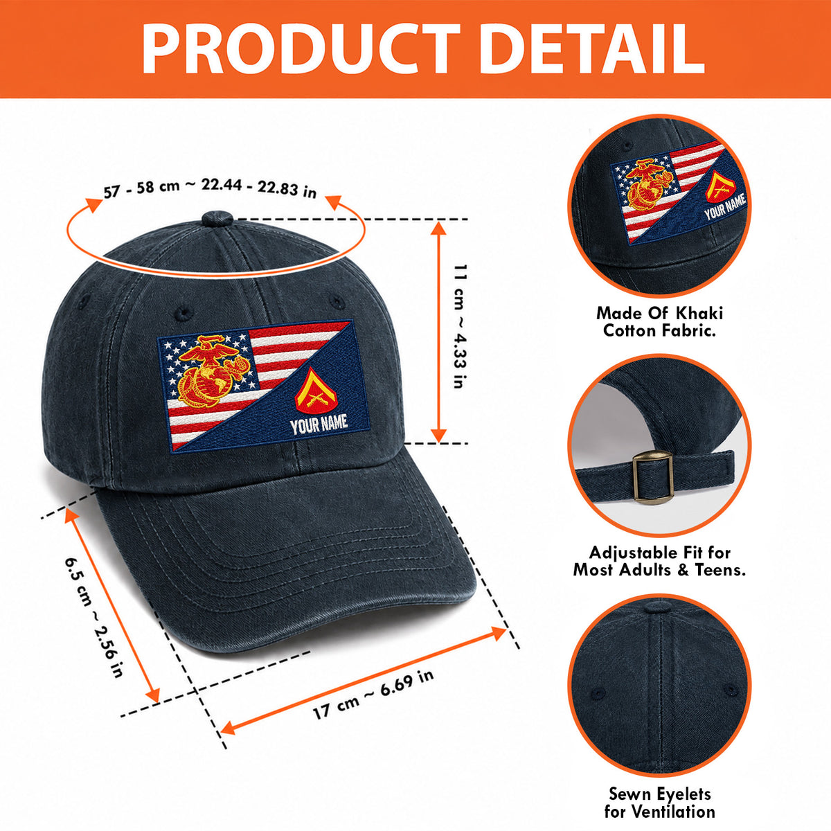 Custom USMC Washed Cap Personalized Military Rank and Text