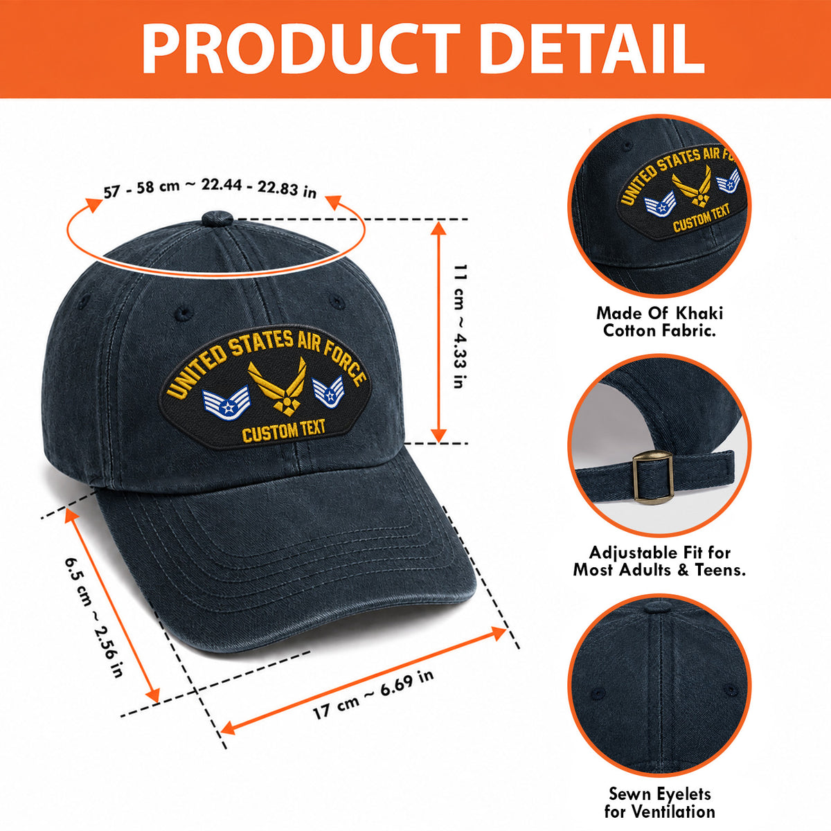 Custom U.S. Air Force Washed Cap Personalized Military Rank and Text