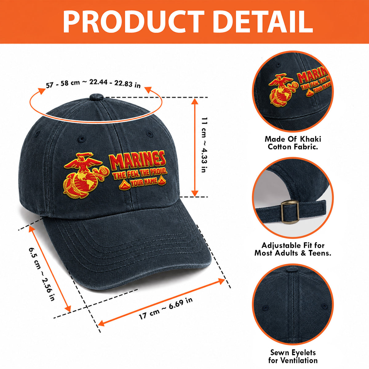 Personalized U.S. Marine Corps Embroidered Washed Cap Custom Rank and Text