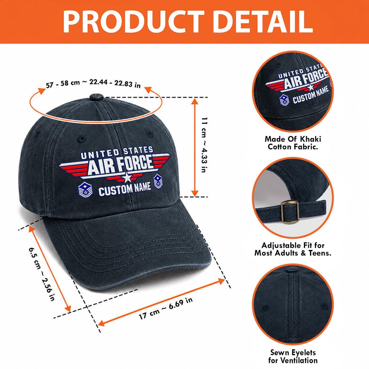 Personalized U.S. Air Force Embroidered Washed Cap Custom Rank and Text