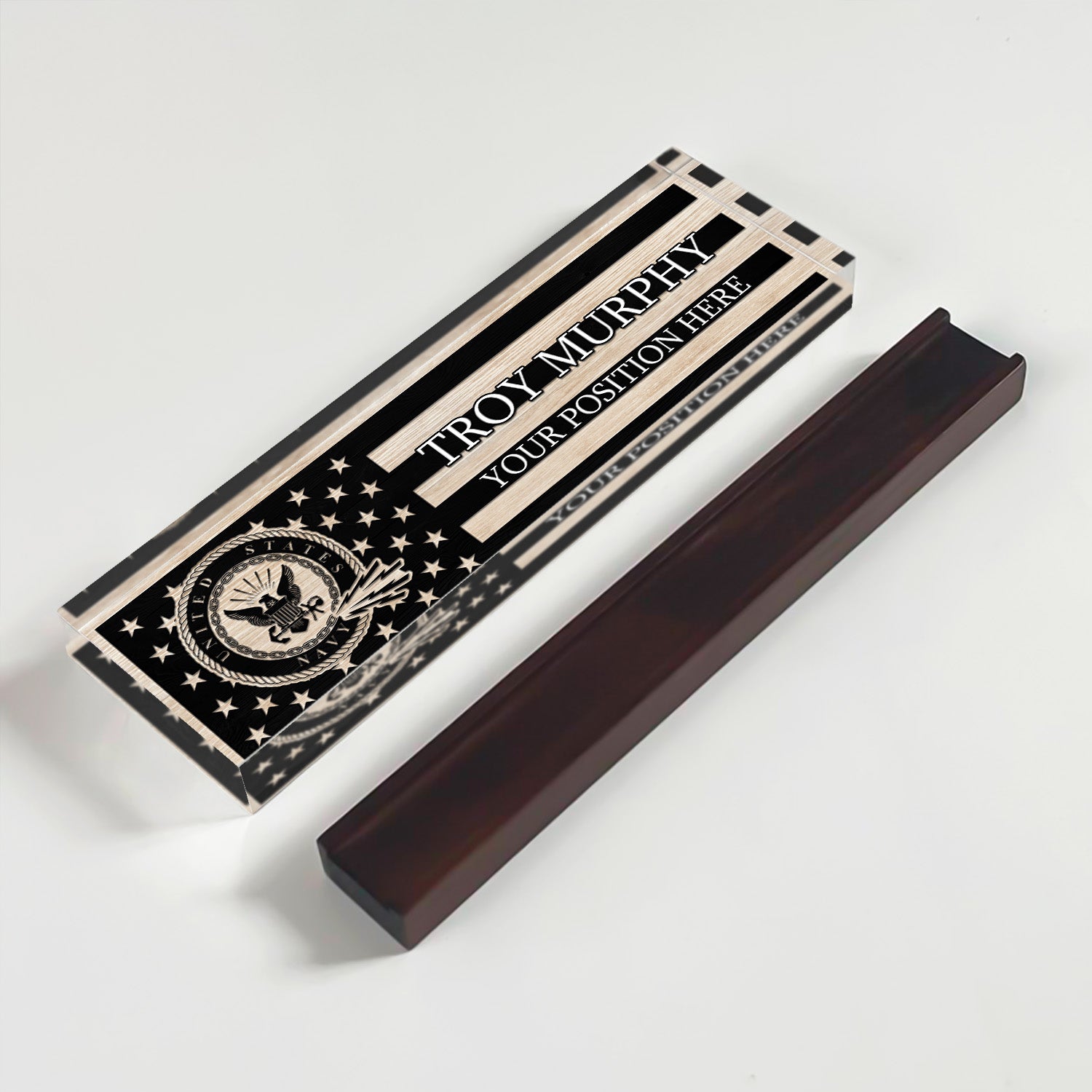 Custom US Navy Black & White Flag Desk Nameplate for Sailors, Veterans