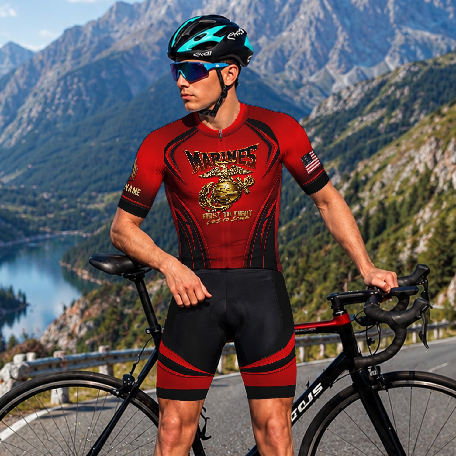 Custom USMC Cycling Jersey Personalized Marine Veteran Rank Bike Jersey
