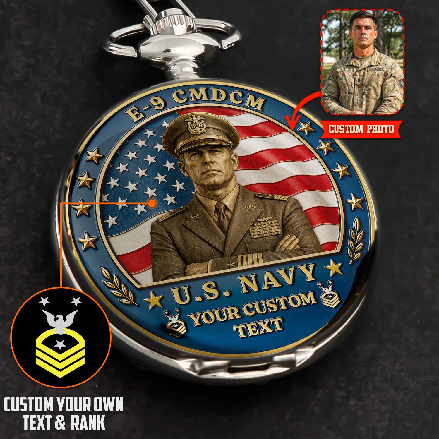 US Navy Sailor Pocket Watch Custom Name Rank Veteran Gift