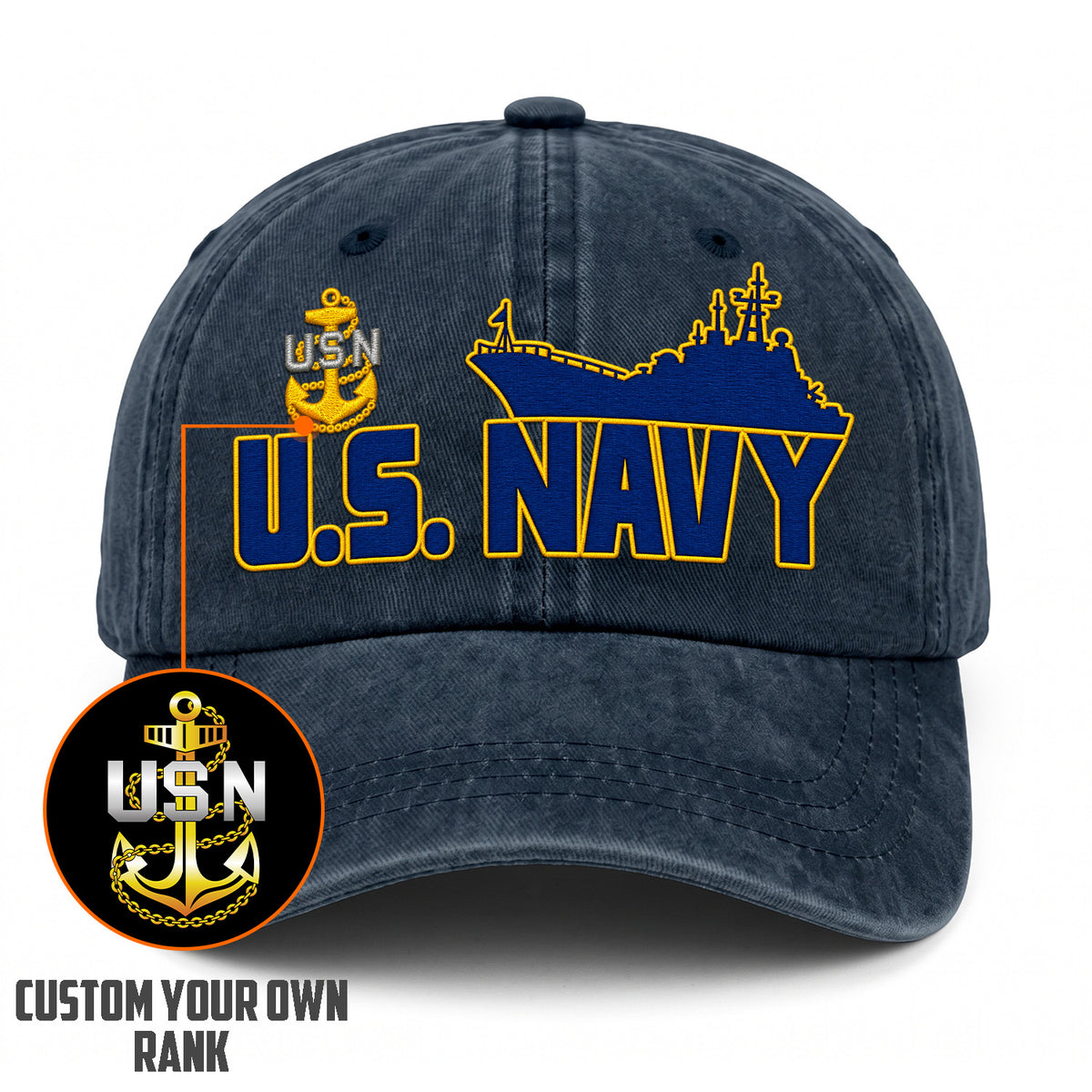 Personalized U.S. Navy Embroidered Washed Cap Custom Rank and Text