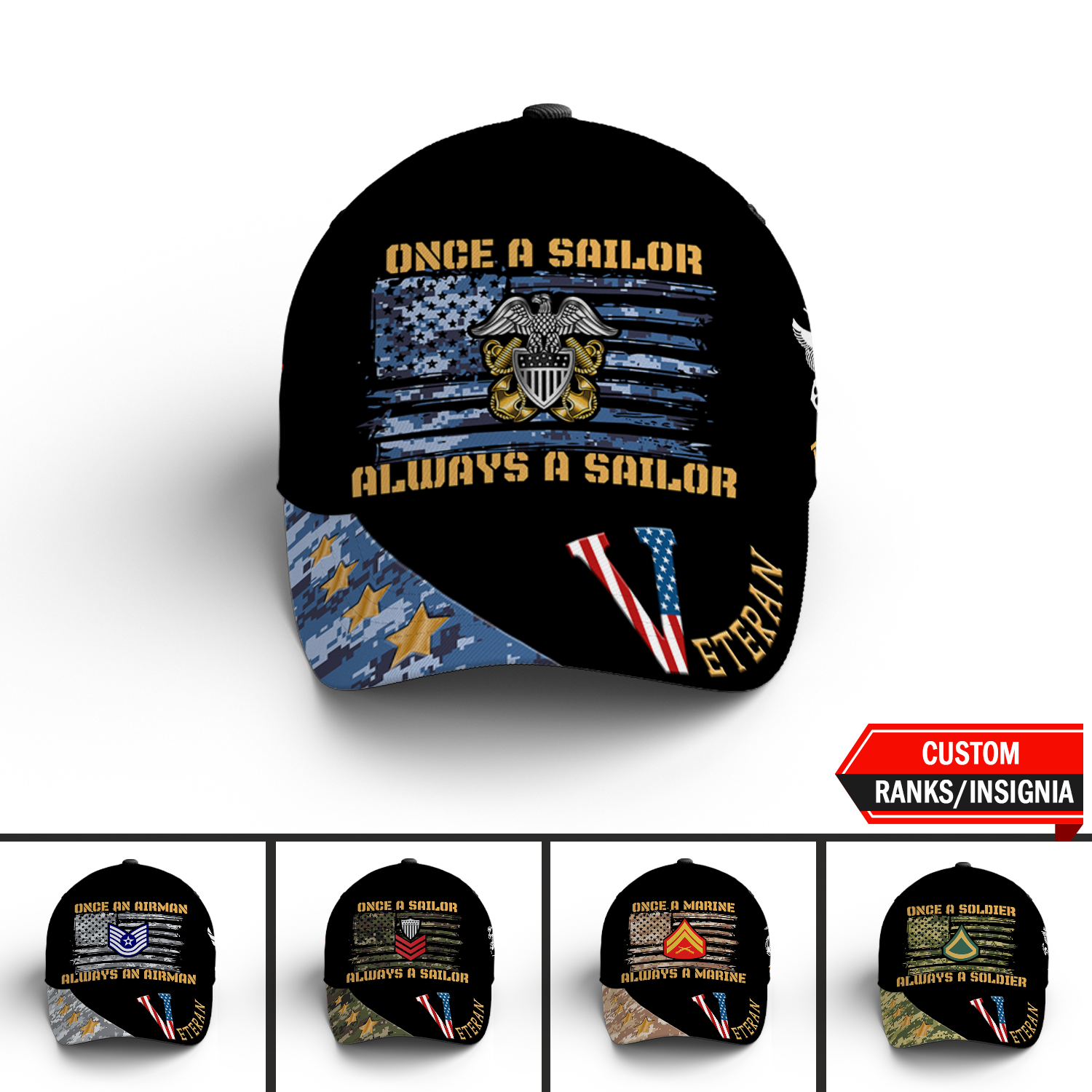 Custom Ranks/Insignia, Personalized Name And Years Served All Over Prints Premium Classic Cap KAOVC12