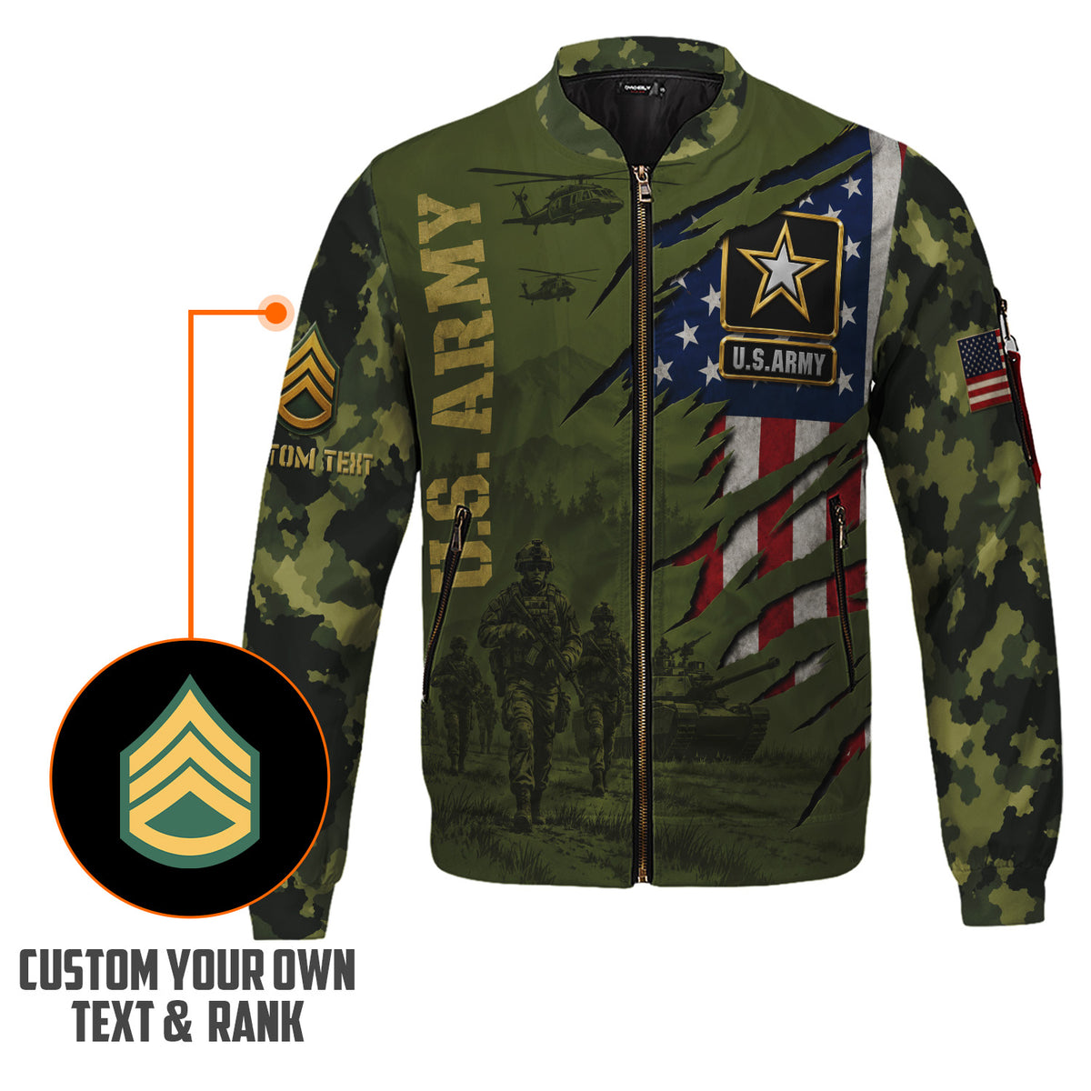 Personalized U.S. Army Bomber Jacket Custom Rank & Text Veteran Gift