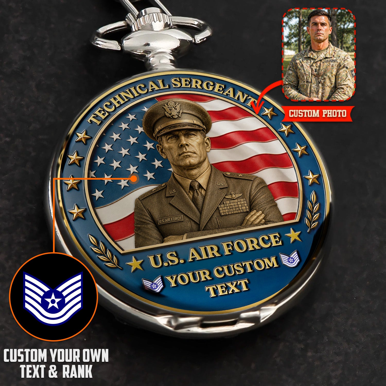 Custom US Air Force Rank Pocket Watch Military Gift