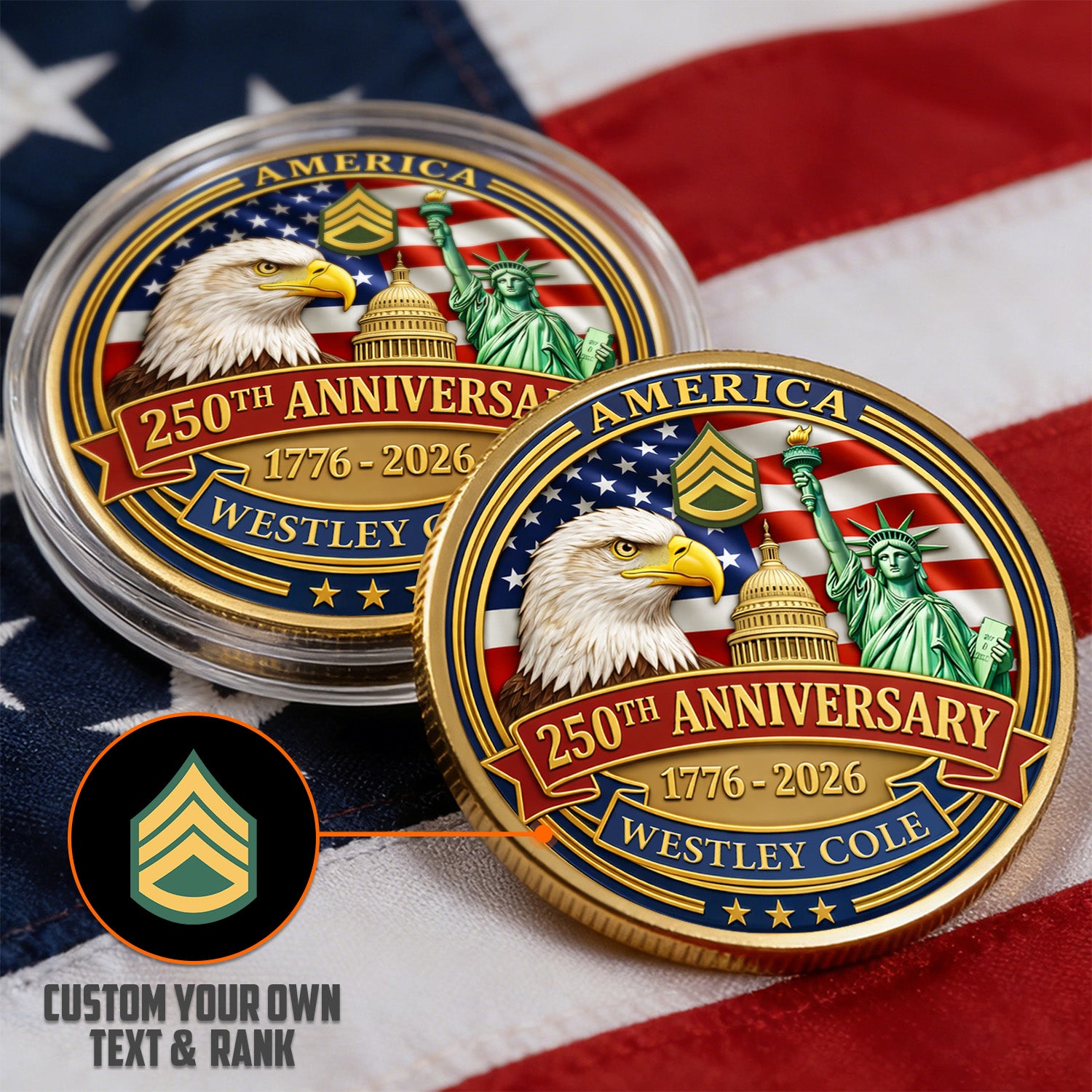 USA 250th Challenge Coin Custom Rank Name US Army