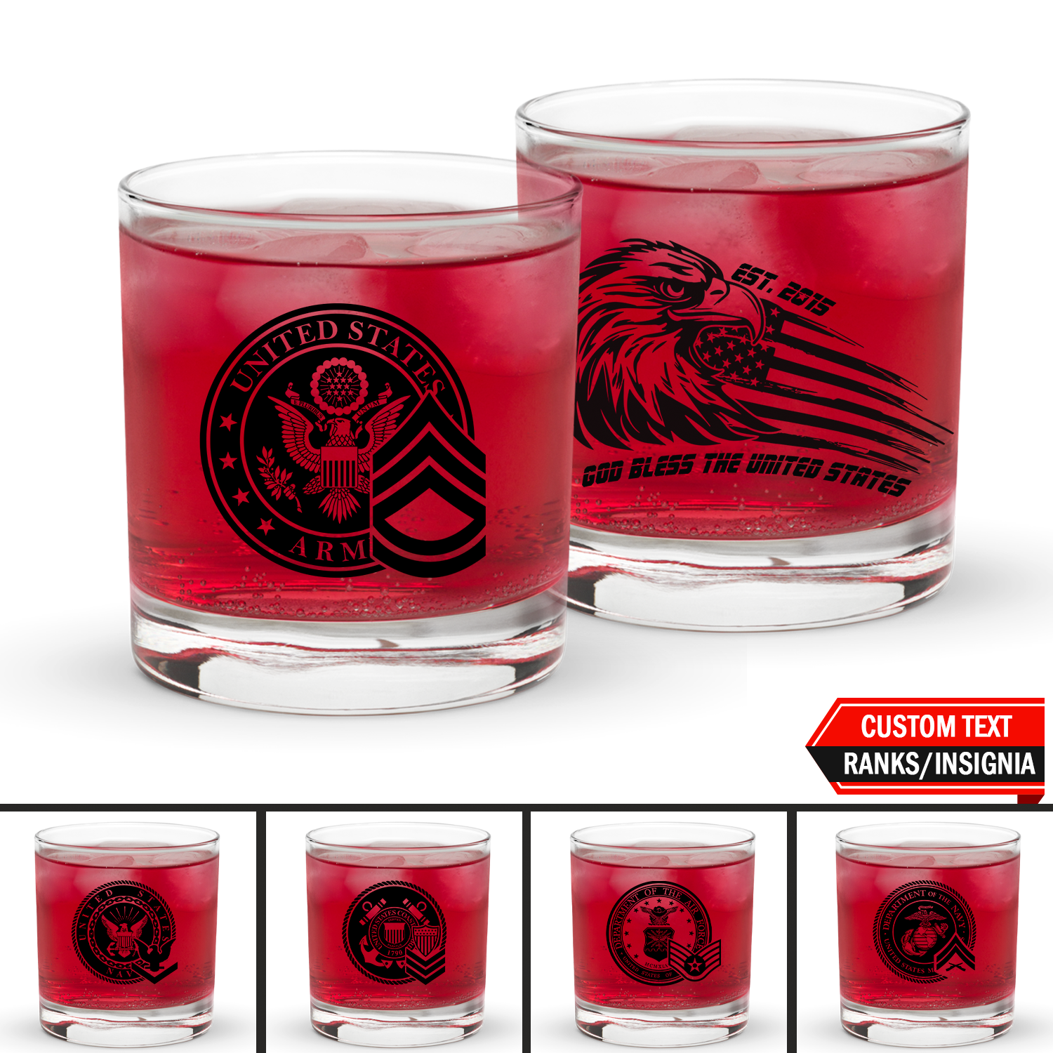 Custom US Military Ranks/Insignia KRGL03 Patriotic Eagle Rocks Glass - 10oz