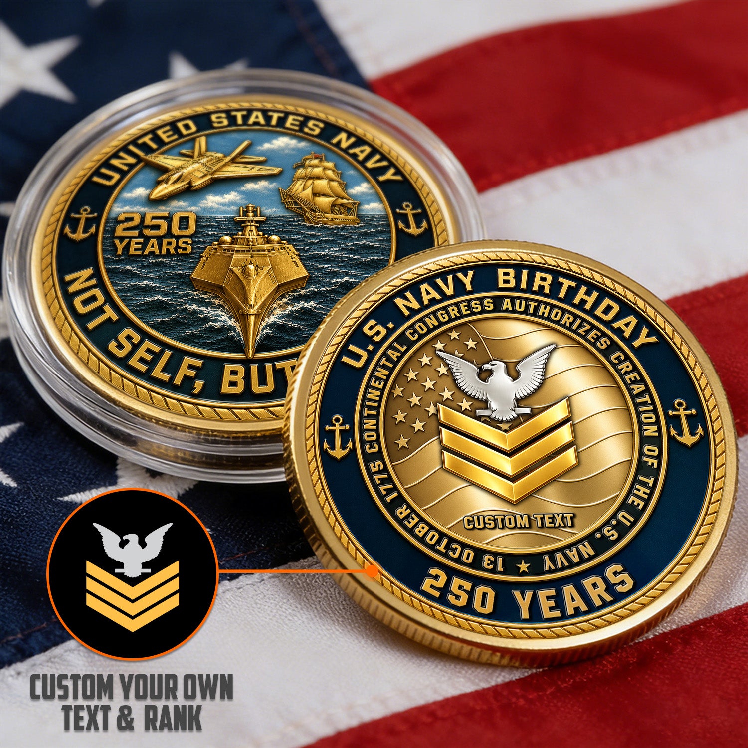 US Navyy 250 Years Custom Rank 3D Challenge Coin