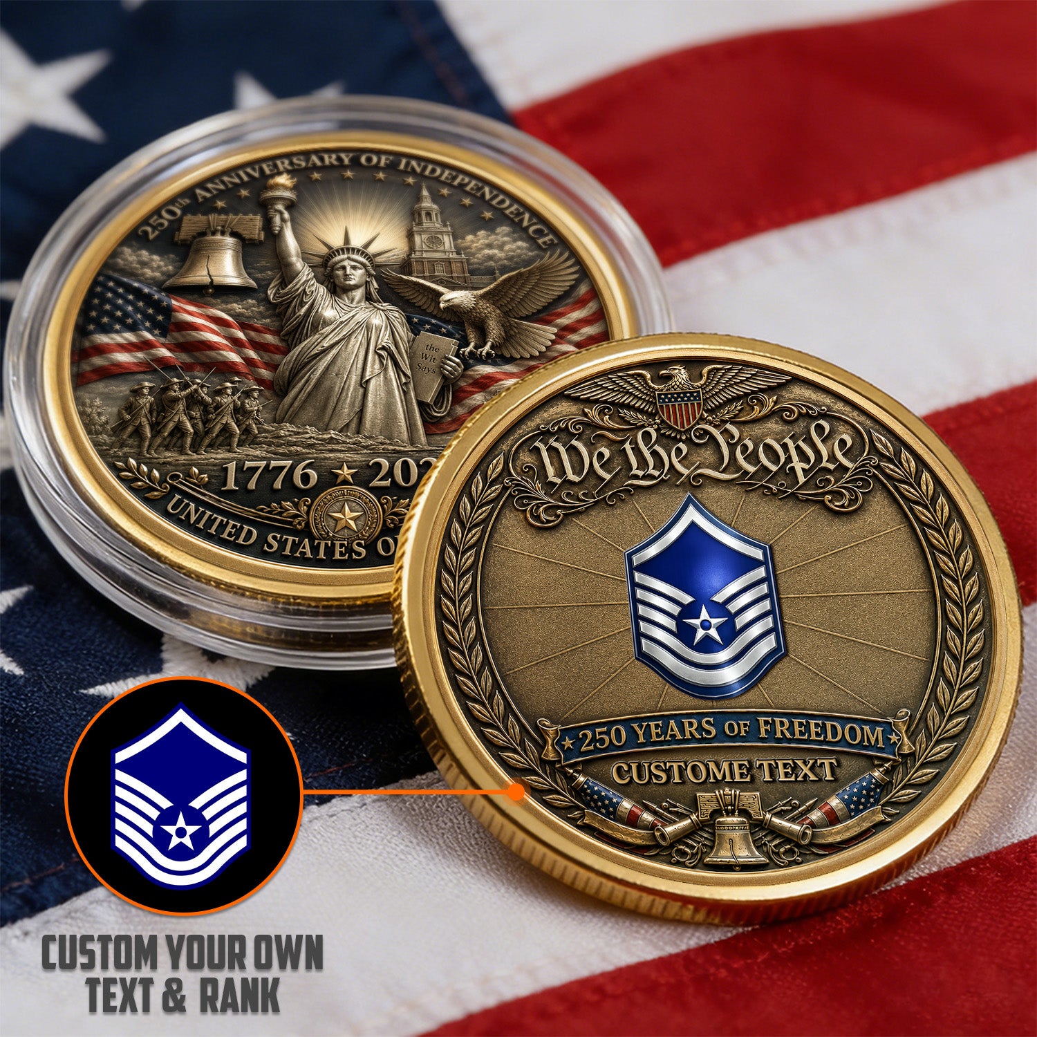Personalized USAF Rank USA 250th Anniversary 3D Challenge Coin