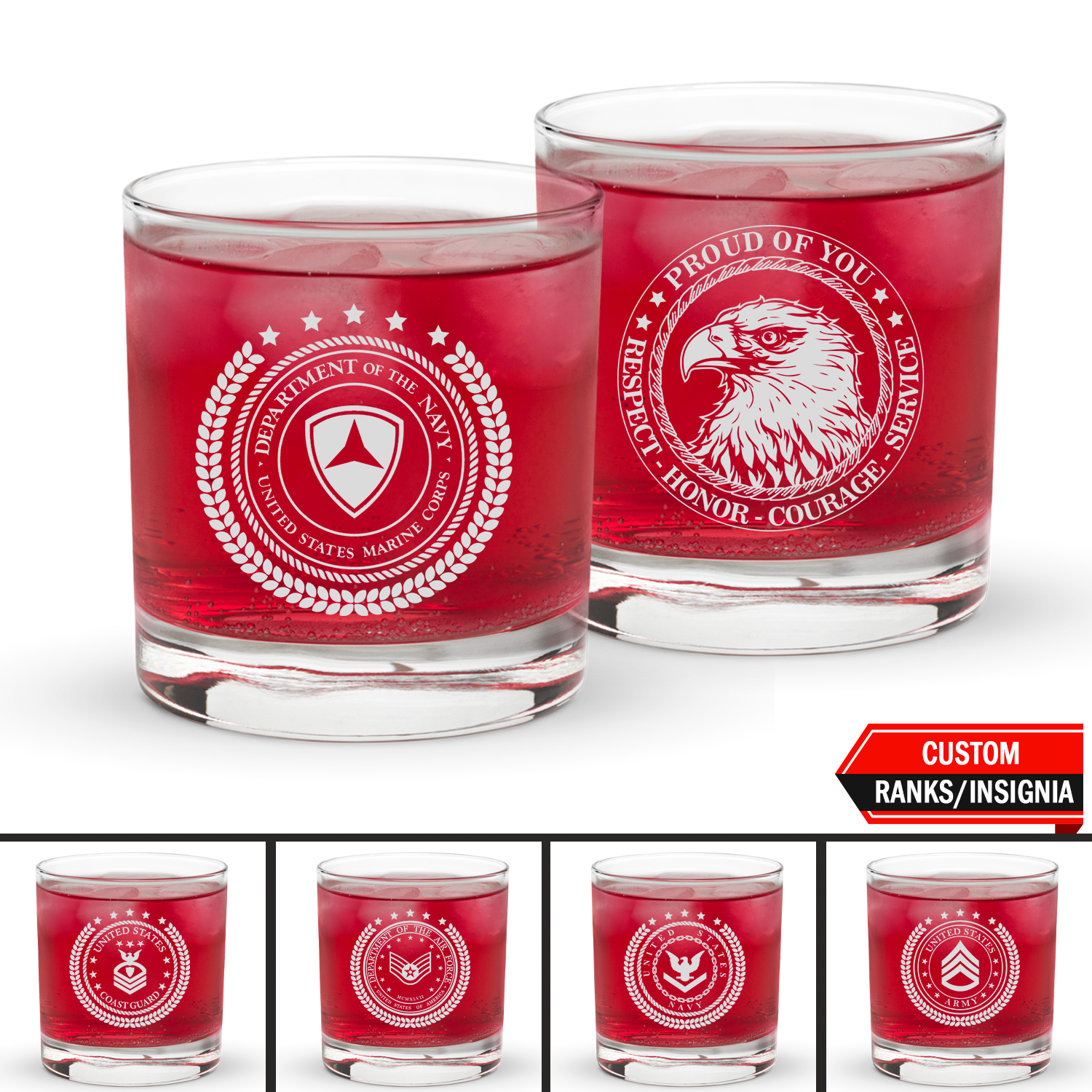 Custom US Military Ranks/Insignia KRGL06 Patriotic Eagle Rocks Glass