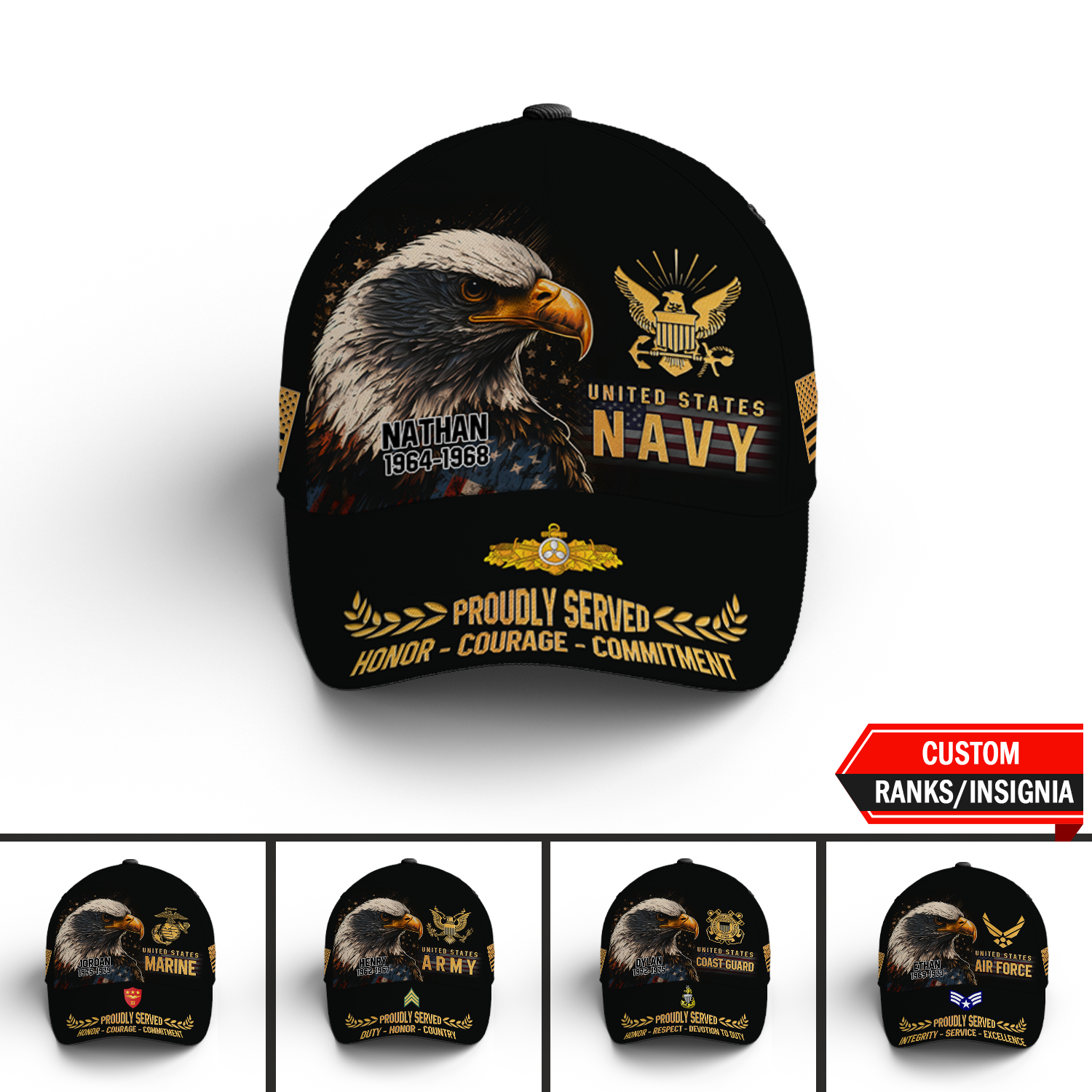 Karl-AOVCAP-10 Custom Ranks/Insignia, Personalized Name And Years Serv