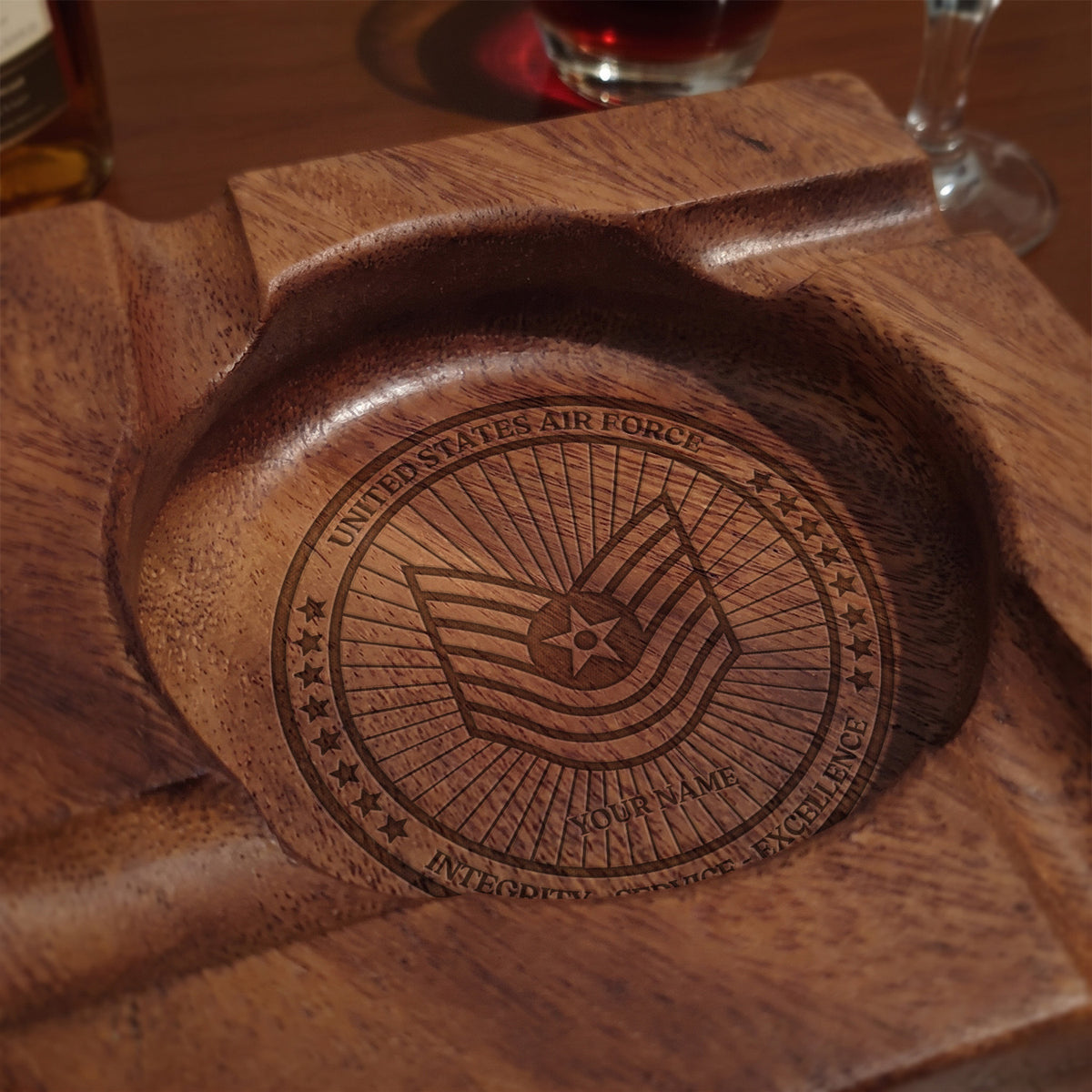 Custom U.S. Air Force Wooden Ashtray Personalized Rank and Name