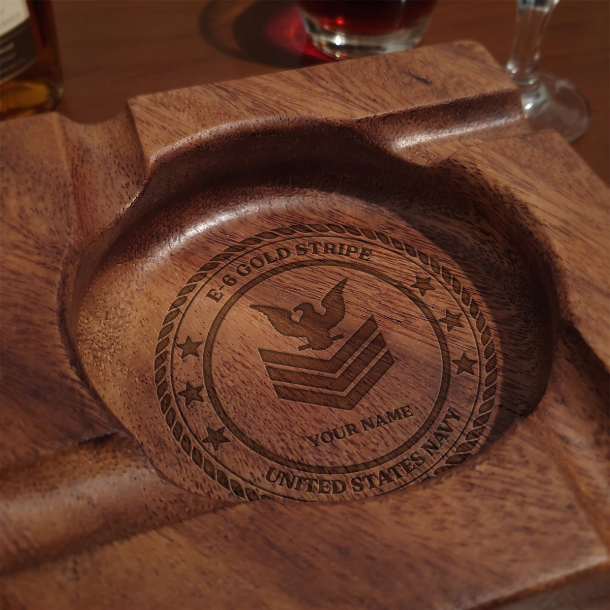 U.S. Army Personalized Walnut Ashtray Custom Military Rank and Text