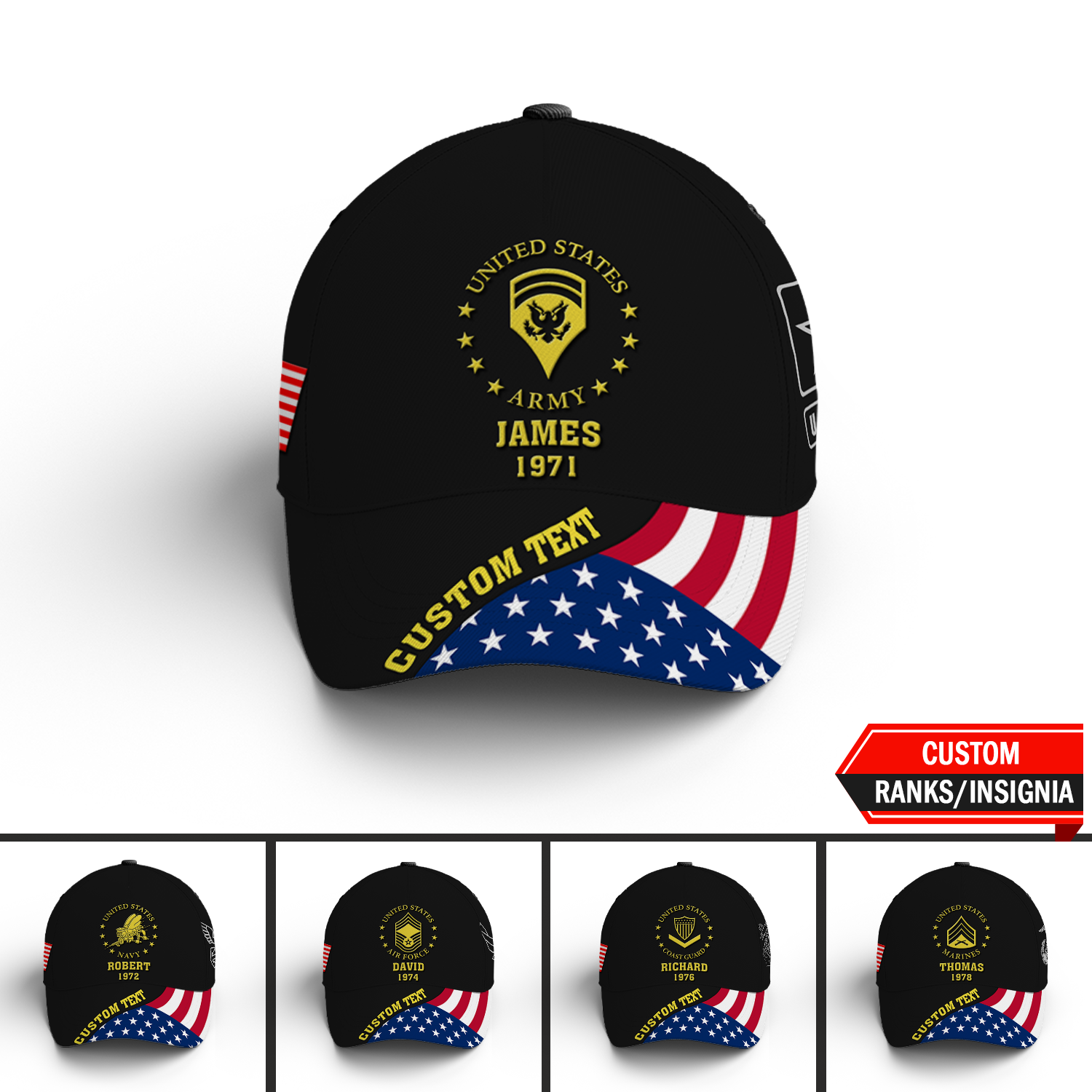 Custom Military Ranks/Insignia, Personalized Name And Years Served All Over Prints Premium Classic Cap