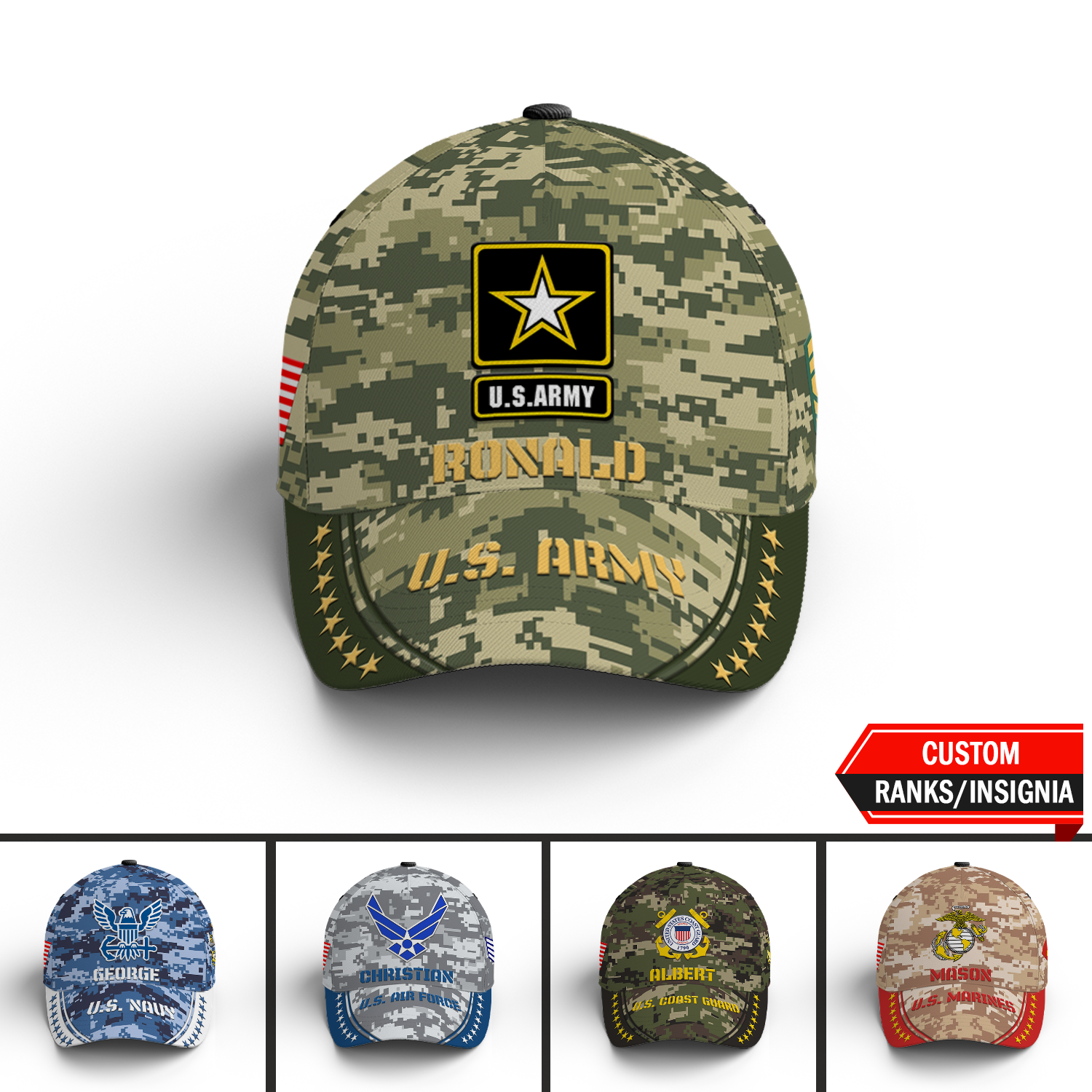 Custom Ranks/Insignia, Military Digital Camo, Personalized Name And Years Served All Over Prints Premium Classic Cap