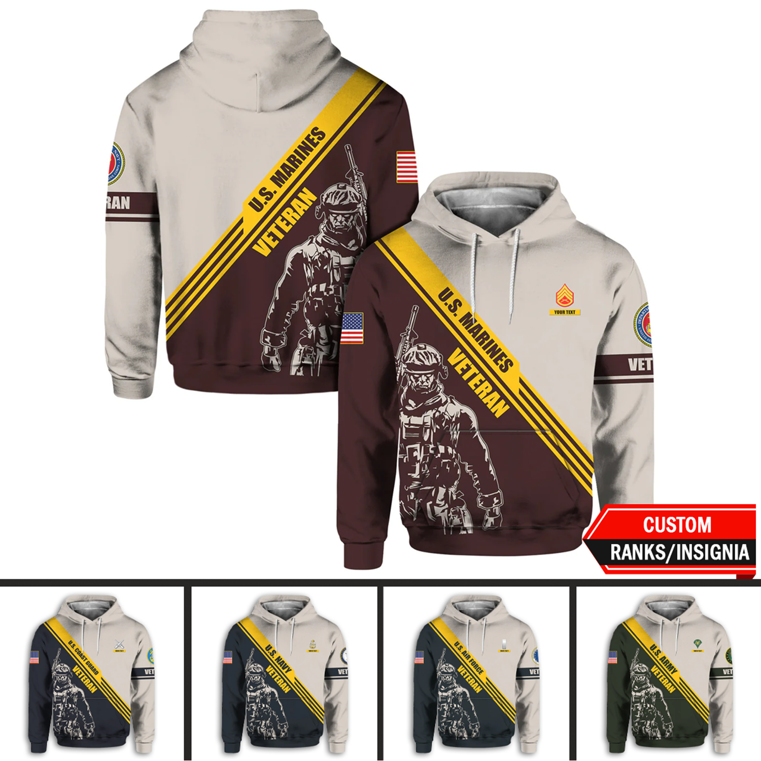 Custom 3D All Over Prints Hoodie, Personalized Name And Military Insignia, US Veteran