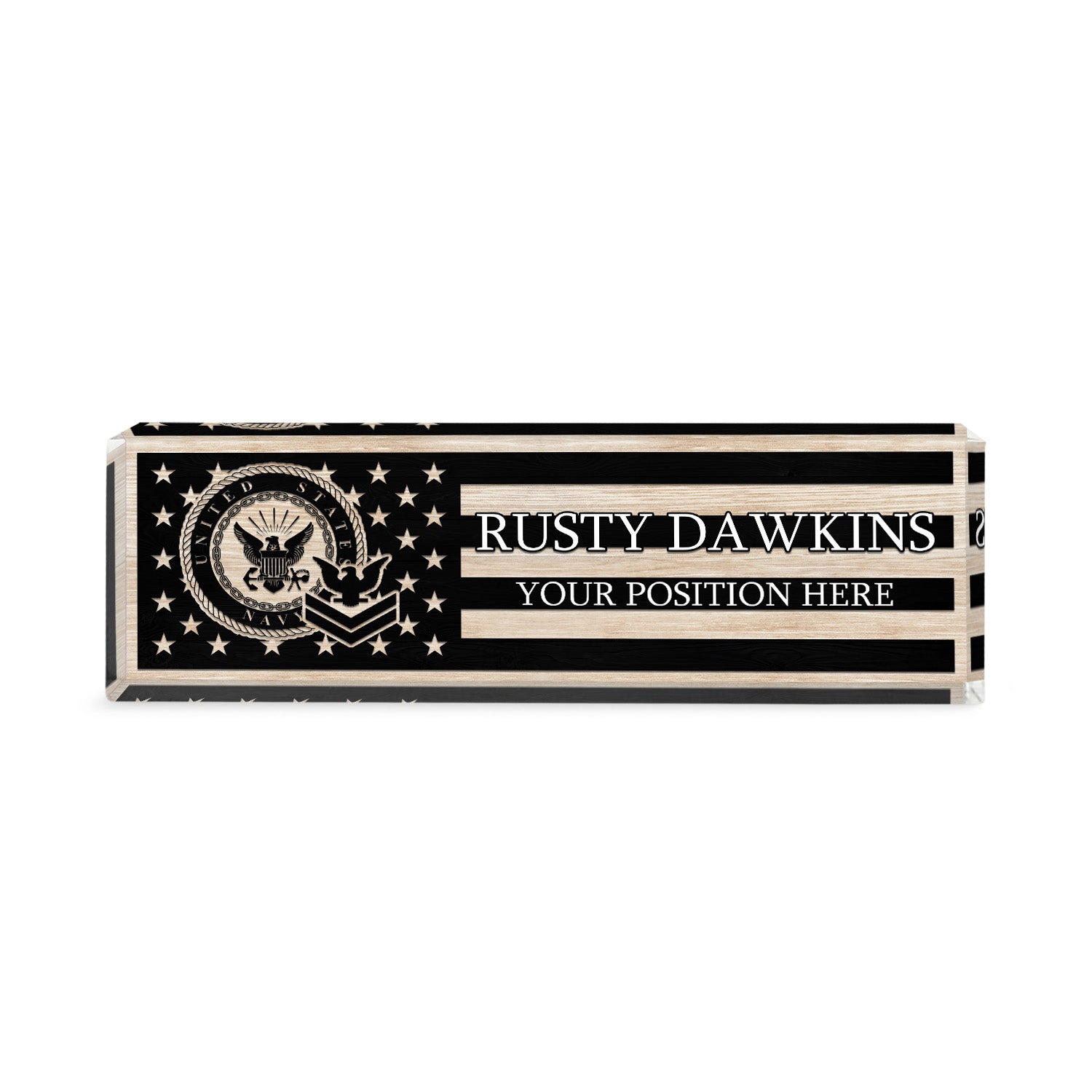 Custom US Navy Black & White Flag Desk Nameplate for Sailors, Veterans & Retirees