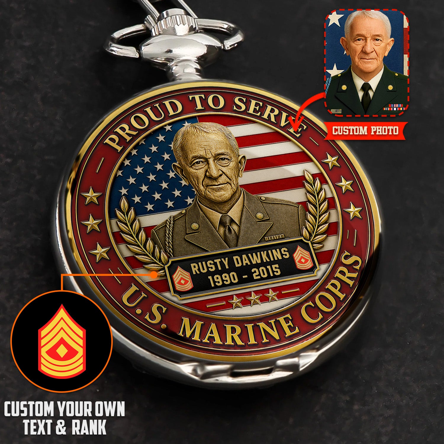 Custom Marine Corps Rank Name Pocket Watch Gift