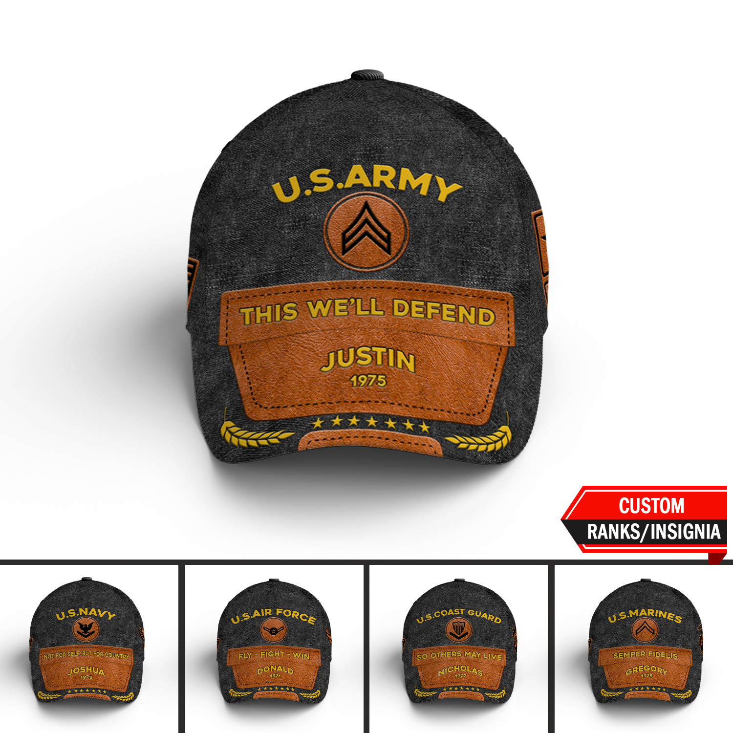 US Military Mottos Custom Ranks/Insignia, Personalized Name And Years Served All Over Prints Premium Classic Cap