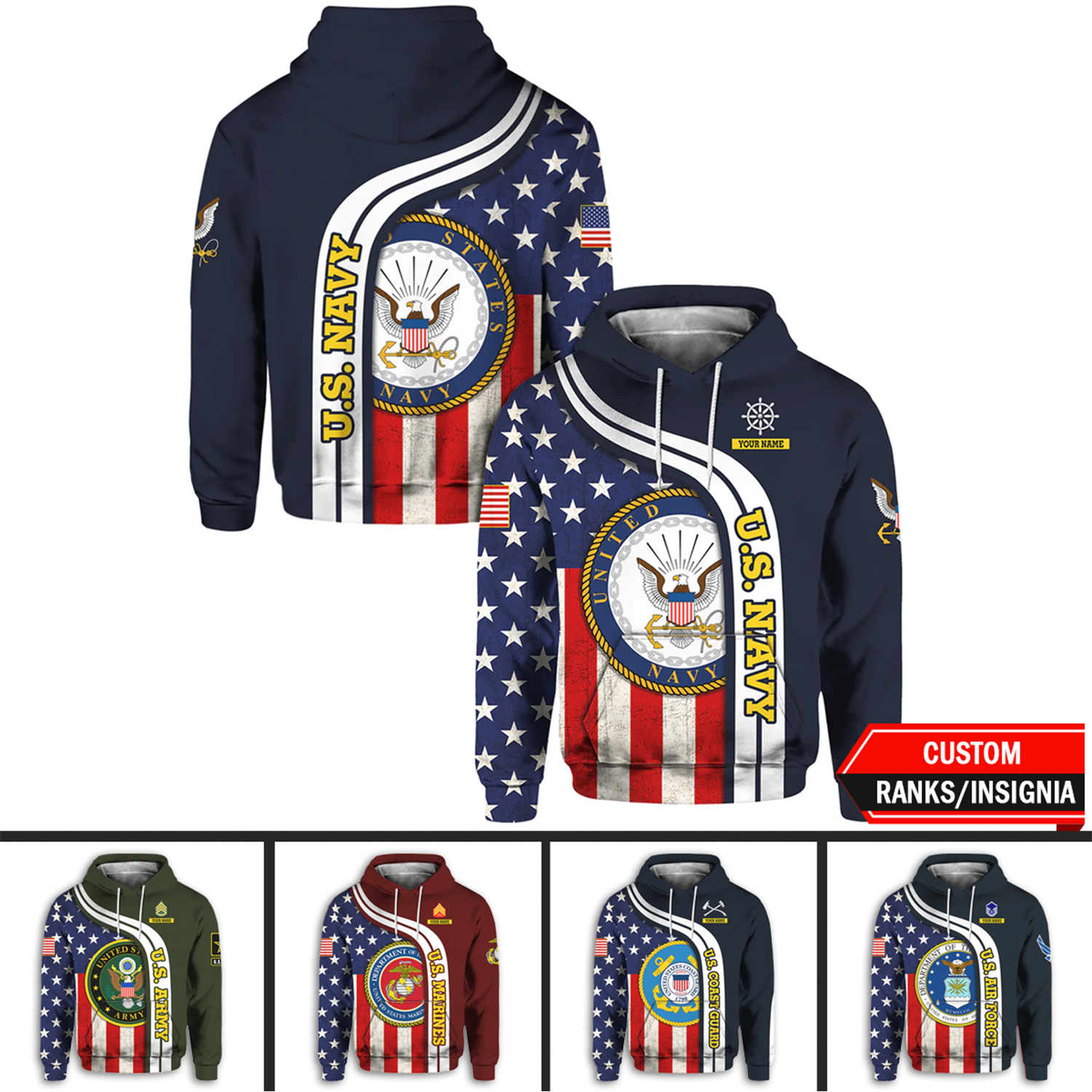 Custom 3D All Over Prints Hoodie, Personalized Name And Military Logo, USA Flag