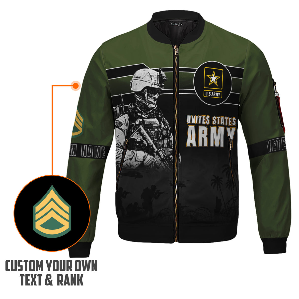 Personalized US Army Veteran Bomber Jacket Personalized Name Rank Military Gift