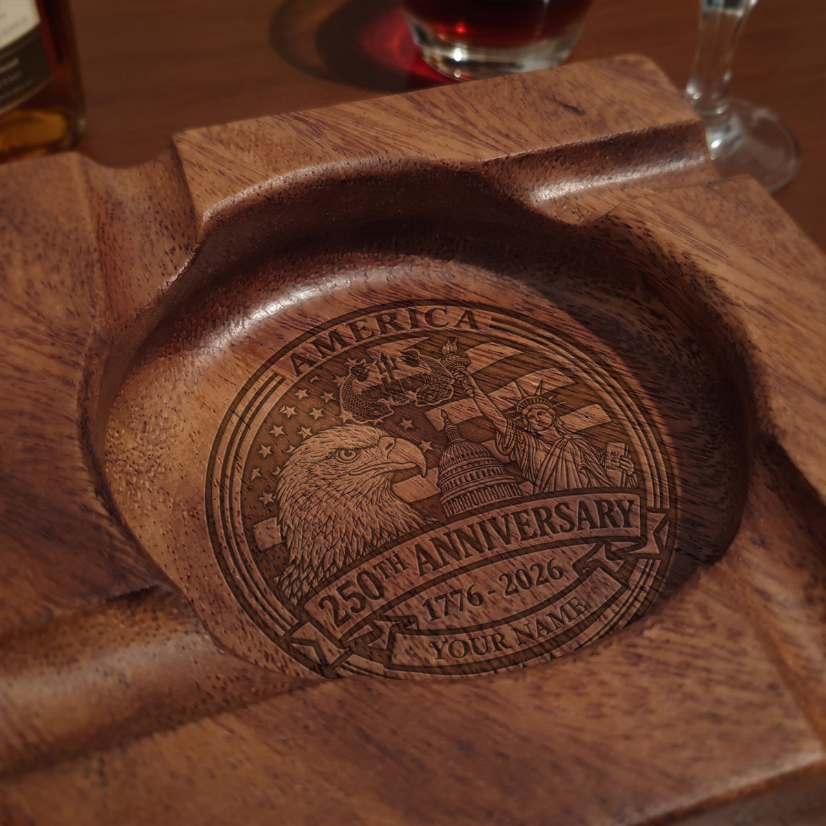 Army Veteran Wooden Cigar Ashtray Custom Rank and Personalized Text