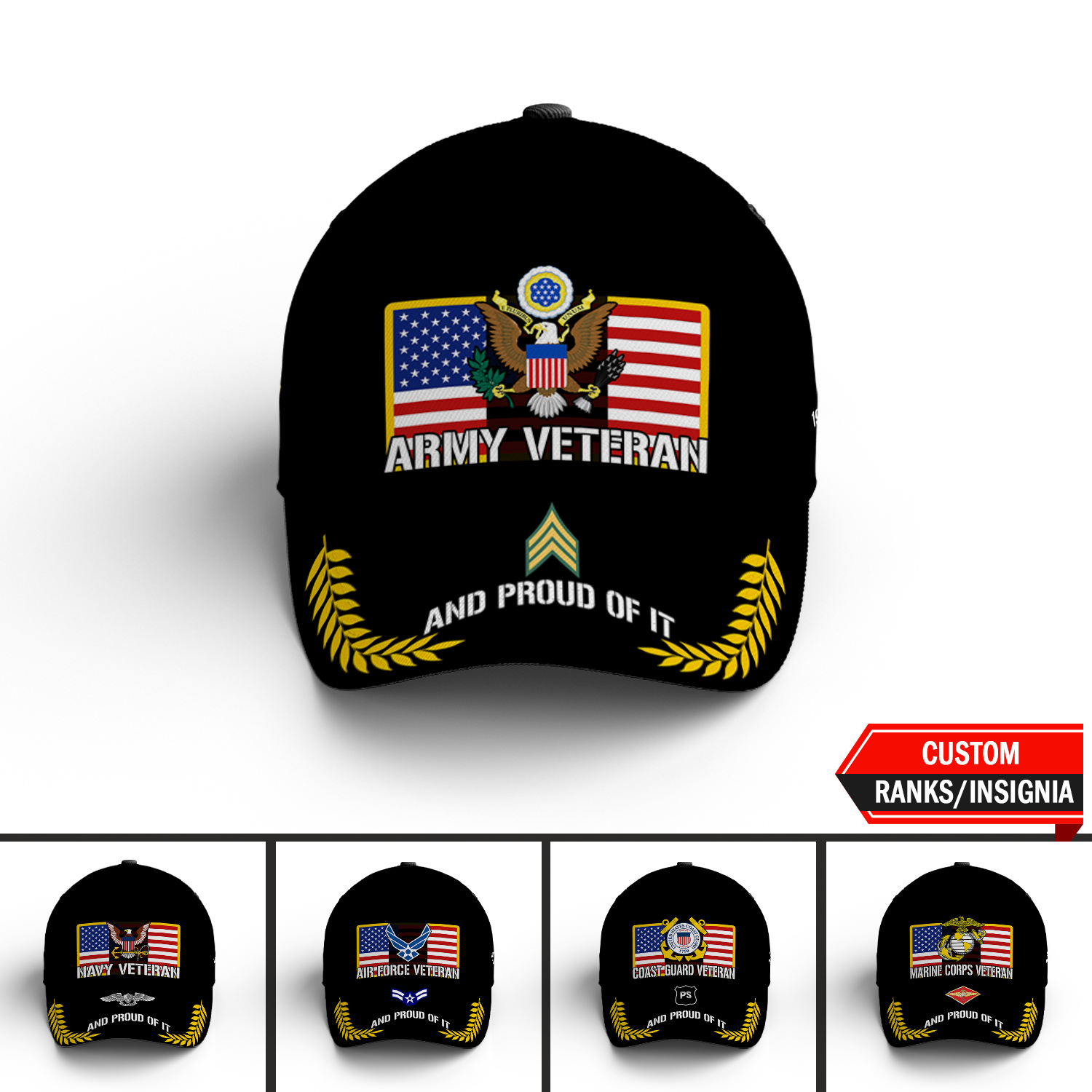 US Military Veteran Proudly Served Custom Ranks/Insignia, Personalized Name And Years Served All Over Prints Premium Classic Cap